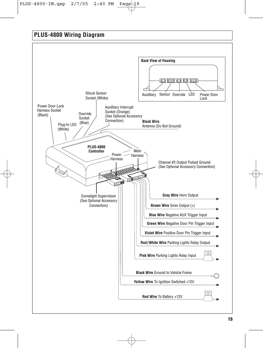 19PLUS-4800 Wiring DiagramPLUS-4800ControllerPlug-In LED(White)Pink Wire Parking Lights Relay InputRed/White Wire Parking Lights Relay OutputViolet Wire Positive Door Pin Trigger InputGreen Wire Negative Door Pin Trigger InputBlue Wire Negative AUX Trigger Input Brown Wire Siren Output (+)Gray Wire Horn OutputBlack WireAntenna (Do Not Ground) Power Door Lock Harness Socket(Black) Override Socket(Blue)Black Wire Ground to Vehicle FrameYellow Wire To Ignition Switched +12VRed Wire To Battery +12VAuxilliary InterruptSocket (Orange)(See Optional Accessory Connection)Channel #2 Output Pulsed Ground(See Optional Accessory Connection)Domelight Supervision(See Optional Accessory Connection)Shock SensorSocket (White)  Auxilliary LEDSensor OverridePowerHarnessMainHarnessPower DoorLockBack View of HousingPLUS-4800-IM.qxp  2/7/05  2:40 PM  Page 19