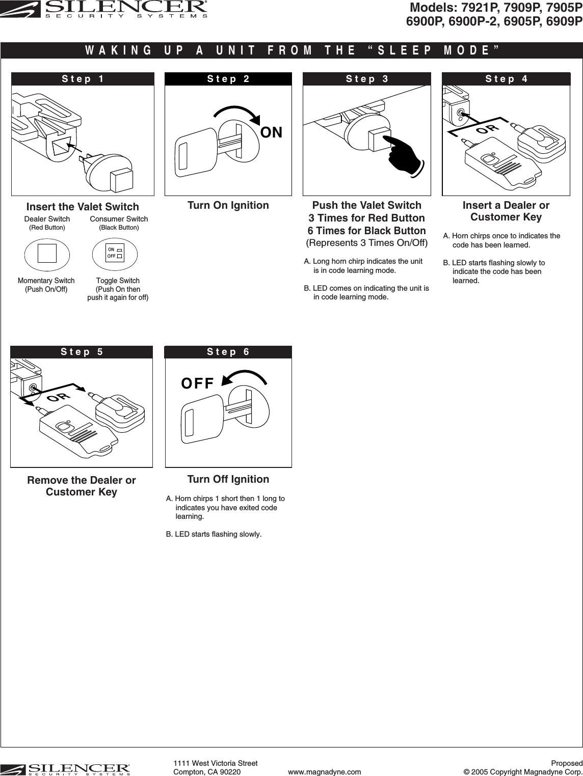 Proposed© 2005 Copyright Magnadyne Corp.1111 West Victoria Street Compton, CA 90220 www.magnadyne.comModels: 7921P, 7909P, 7905P6900P, 6900P-2, 6905P, 6909PON OTurn On Ignition Insert a Dealer orCustomer Key A. Horn chirps once to indicates thecode has been learned.B. LED starts flashing slowly toindicate the code has beenlearned.ORStep 2Insert the Valet SwitchStep 1Dealer Switch(Red Button)Consumer Switch(Black Button)☛Push the Valet Switch3 Times for Red Button6 Times for Black Button(Represents 3 Times On/Off)A. Long horn chirp indicates the unitis in code learning mode.B. LED comes on indicating the unit isin code learning mode.WAKING UP A UNIT FROM THE “SLEEP MODE”ONOFFMomentary Switch (Push On/Off) Toggle Switch (Push On thenpush it again for off)Step 3Remove the Dealer orCustomer KeyStep 5ORTurn Off Ignition A. Horn chirps 1 short then 1 long toindicates you have exited codelearning.B. LED starts flashing slowly.Step 6OFF☛Step 4