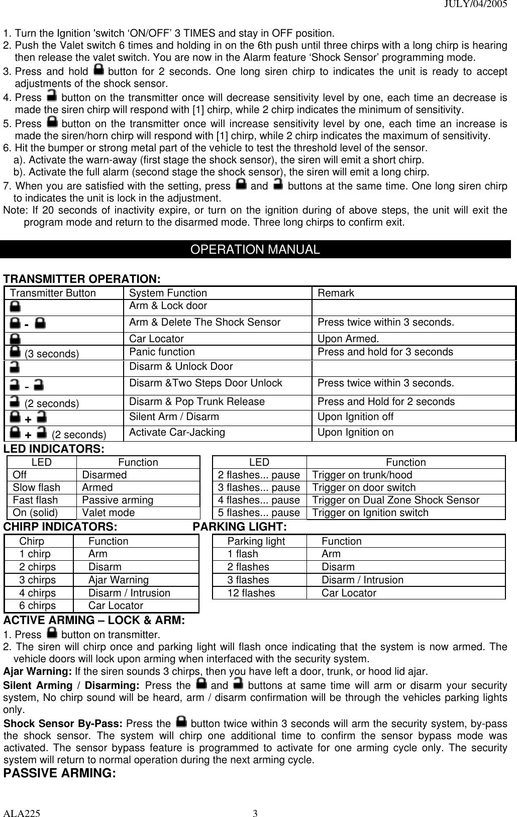 JULY/04/2005 ALA225  31. Turn the Ignition &apos;switch ‘ON/OFF’ 3 TIMES and stay in OFF position.   2. Push the Valet switch 6 times and holding in on the 6th push until three chirps with a long chirp is hearing then release the valet switch. You are now in the Alarm feature ‘Shock Sensor’ programming mode. 3. Press and hold   button for 2 seconds. One long siren chirp to indicates the unit is ready to accept adjustments of the shock sensor. 4. Press   button on the transmitter once will decrease sensitivity level by one, each time an decrease is made the siren chirp will respond with [1] chirp, while 2 chirp indicates the minimum of sensitivity. 5. Press   button on the transmitter once will increase sensitivity level by one, each time an increase is made the siren/horn chirp will respond with [1] chirp, while 2 chirp indicates the maximum of sensitivity. 6. Hit the bumper or strong metal part of the vehicle to test the threshold level of the sensor.   a). Activate the warn-away (first stage the shock sensor), the siren will emit a short chirp. b). Activate the full alarm (second stage the shock sensor), the siren will emit a long chirp. 7. When you are satisfied with the setting, press   and    buttons at the same time. One long siren chirp to indicates the unit is lock in the adjustment. Note: If 20 seconds of inactivity expire, or turn on the ignition during of above steps, the unit will exit the program mode and return to the disarmed mode. Three long chirps to confirm exit.  OPERATION MANUAL  TRANSMITTER OPERATION:   Transmitter Button  System Function  Remark  Arm &amp; Lock door      -   Arm &amp; Delete The Shock Sensor  Press twice within 3 seconds.   Car Locator    Upon Armed.  (3 seconds)  Panic function  Press and hold for 3 seconds  Disarm &amp; Unlock Door    -  Disarm &amp;Two Steps Door Unlock    Press twice within 3 seconds.  (2 seconds)  Disarm &amp; Pop Trunk Release  Press and Hold for 2 seconds  +    Silent Arm / Disarm  Upon Ignition off  +  (2 seconds)  Activate Car-Jacking  Upon Ignition on LED INDICATORS: LED Function  LED  Function Off  Disarmed  2 flashes... pause Trigger on trunk/hood   Slow flash  Armed  3 flashes... pause Trigger on door switch Fast flash  Passive arming  4 flashes... pause Trigger on Dual Zone Shock Sensor On (solid)    Valet mode  5 flashes... pause Trigger on Ignition switch CHIRP INDICATORS:             PARKING LIGHT: Chirp Function  Parking light Function 1 chirp  Arm  1 flash  Arm 2 chirps  Disarm  2 flashes  Disarm 3 chirps  Ajar Warning  3 flashes  Disarm / Intrusion 4 chirps  Disarm / Intrusion  12 flashes  Car Locator 6 chirps  Car Locator   ACTIVE ARMING – LOCK &amp; ARM: 1. Press   button on transmitter. 2. The siren will chirp once and parking light will flash once indicating that the system is now armed. The vehicle doors will lock upon arming when interfaced with the security system. Ajar Warning: If the siren sounds 3 chirps, then you have left a door, trunk, or hood lid ajar.   Silent Arming / Disarming: Press the   and    buttons at same time will arm or disarm your security system, No chirp sound will be heard, arm / disarm confirmation will be through the vehicles parking lights only. Shock Sensor By-Pass: Press the   button twice within 3 seconds will arm the security system, by-pass the shock sensor. The system will chirp one additional time to confirm the sensor bypass mode was activated. The sensor bypass feature is programmed to activate for one arming cycle only. The security system will return to normal operation during the next arming cycle. PASSIVE ARMING:   