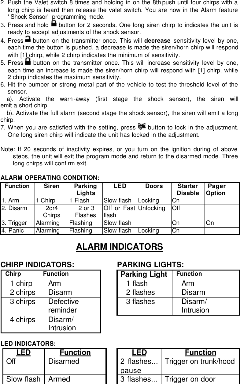 2. Push the Valet switch 8 times and holding in on the 8th push until four chirps with a long chirp is heard then release the valet switch. You are now in the Alarm feature ‘Shock Sensor’ programming mode. 3. Press and hold   button for 2 seconds. One long siren chirp to indicates the unit is ready to accept adjustments of the shock sensor. 4. Press   button on the transmitter once. This will decrease sensitivity level by one, each time the button is pushed, a decrease is made the siren/horn chirp will respond with [1] chirp, while 2 chirp indicates the minimum of sensitivity. 5. Press   button on the transmitter once. This will increase sensitivity level by one, each time an increase is made the siren/horn chirp will respond with [1] chirp, while 2 chirp indicates the maximum sensitivity. 6. Hit the bumper or strong metal part of the vehicle to test the threshold level of the sensor.  a). Activate the warn -away (first stage the shock sensor), the siren will                 emit a short chirp. b). Activate the full alarm (second stage the shock sensor), the siren will emit a long chirp. 7. When you are satisfied with the setting, press   button to lock in the adjustment. One long siren chirp will indicate the unit has locked in the adjustment.  Note: If 20 seconds of inactivity expires, or you turn on the ignition during of above steps, the unit will exit the program mode and return to the disarmed mode. Three long chirps will confirm exit.  ALARM OPERATING CONDITION: Function Siren Parking Lights LED Doors Starter Disable  Pager Option 1. Arm 1 Chirp 1 Flash Slow flash Locking On   2. Disarm 2or4    Chirps      2 or 3    Flashes Off or Fast flash Unlocking Off   3. Trigger Alarming Flashing Slow flash  On On 4. Panic Alarming Flashing Slow flash Locking On    ALARM INDICATORS  CHIRP INDICATORS:                     PARKING LIGHTS: Chirp Function Parking Light Function 1 chirp Arm 1 flash Arm 2 chirps Disarm  2 flashes Disarm 3 chirps Defective reminder 3 flashes Disarm/ Intrusion 4 chirps Disarm/ Intrusion    LED INDICATORS: LED Function  LED Function Off Disarmed    2 flashes... pause Trigger on trunk/hood  Slow flash Armed   3 flashes... Trigger on door 