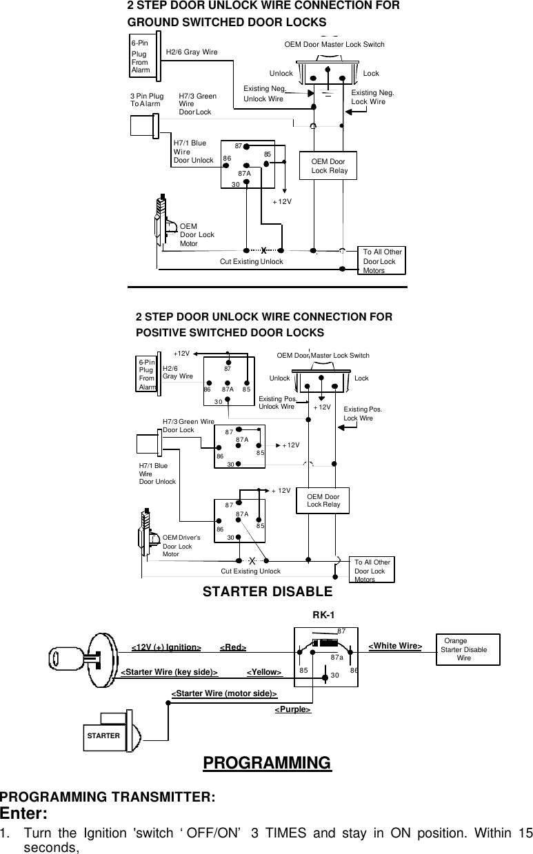 2 STEP DOOR UNLOCK WIRE CONNECTION FOR GROUND SWITCHED DOOR LOCKS Cut Existing Unlock X Lock Unlock OEM Door Master Lock Switch To All OtherDoor LockMotors 6-Pin Plug From Alarm H2/6 Gray Wire OEM Door Lock Motor Existing Neg.Lock Wire Existing Neg.Unlock Wire86 30 85  87  87A + 12V H7/3 Green Wire Door Lock  H7/1 Blue Wire Door Unlock3 Pin PlugTo A larm OEM Door Lock Relay  2 STEP DOOR UNLOCK WIRE CONNECTION FOR POSITIVE SWITCHED DOOR LOCKS Cut Existing Unlock X Lock Unlock OEM Door Master Lock Switch  To All Other Door LockMotors 6-Pin Plug From Alarm H2/6 Gray Wire  OEM Driver&apos;s Door Lock Motor + 12V Existing Pos.Lock WireExisting Pos.Unlock Wire30 87A 87 86 85 +12V + 12V OEM Door Lock Relay 86 30 85 87 87A H7/1 Blue Wire  Door Unlock H7/3 Green Wire Door Lock + 12V 86 30 85 87 87A  STARTER DISABLE PROGRAMMING  PROGRAMMING TRANSMITTER: Enter:  1. Turn the Ignition &apos;switch ‘OFF/ON’ 3 TIMES and stay in ON position. Within 15 seconds,  &lt;Starter Wire (key side)&gt;        &lt;Yellow&gt; &lt;12V (+) Ignition&gt;      &lt;Red&gt;   Orange  Starter Disable         Wire &lt;Starter Wire (motor side)&gt; STARTER 87 87a 30 86 85 &lt;White Wire&gt; &lt;Purple&gt; RK-1 