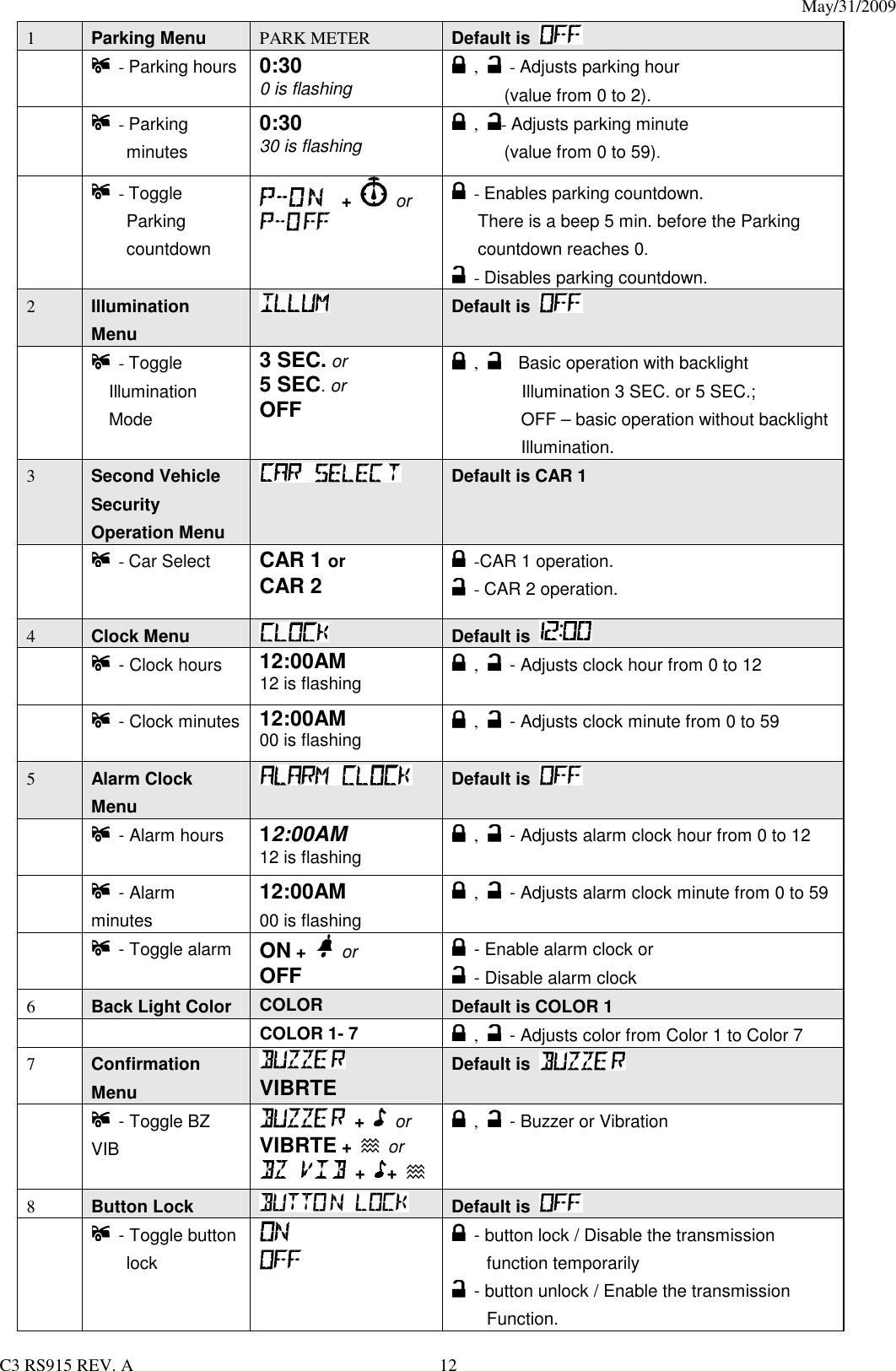 May/31/2009                                                                                  C3 RS915 REV. A  12 1      Parking Menu PARK METER Default is          - Parking hours 0:30 0 is flashing    ,    - Adjusts parking hour   (value from 0 to 2).    - Parking minutes   0:30 30 is flashing    ,  - Adjusts parking minute (value from 0 to 59).    - Toggle Parking countdown     +   or    - Enables parking countdown. There is a beep 5 min. before the Parking countdown reaches 0.     - Disables parking countdown. 2  Illumination Menu  Default is      - Toggle Illumination Mode 3 SEC. or 5 SEC. or   OFF   ,      Basic operation with backlight Illumination 3 SEC. or 5 SEC.;   OFF – basic operation without backlight  Illumination. 3  Second Vehicle Security Operation Menu   Default is CAR 1      - Car Select CAR 1 or   CAR 2      -CAR 1 operation.   - CAR 2 operation. 4  Clock Menu      Default is      - Clock hours  12:00AM 12 is flashing    ,    - Adjusts clock hour from 0 to 12   - Clock minutes  12:00AM 00 is flashing    ,    - Adjusts clock minute from 0 to 59 5  Alarm Clock Menu     Default is      - Alarm hours  12:00AM 12 is flashing   ,    - Adjusts alarm clock hour from 0 to 12   - Alarm minutes 12:00AM 00 is flashing   ,    - Adjusts alarm clock minute from 0 to 59   - Toggle alarm  ON +   or OFF     - Enable alarm clock or     - Disable alarm clock 6  Back Light Color  COLOR    Default is COLOR 1   COLOR 1- 7    ,    - Adjusts color from Color 1 to Color 7 7  Confirmation Menu    VIBRTE   Default is       - Toggle BZ VIB    +    or VIBRTE +  or   +  +     ,   - Buzzer or Vibration 8 Button Lock  Default is      - Toggle button lock         - button lock / Disable the transmission function temporarily  - button unlock / Enable the transmission   Function. 