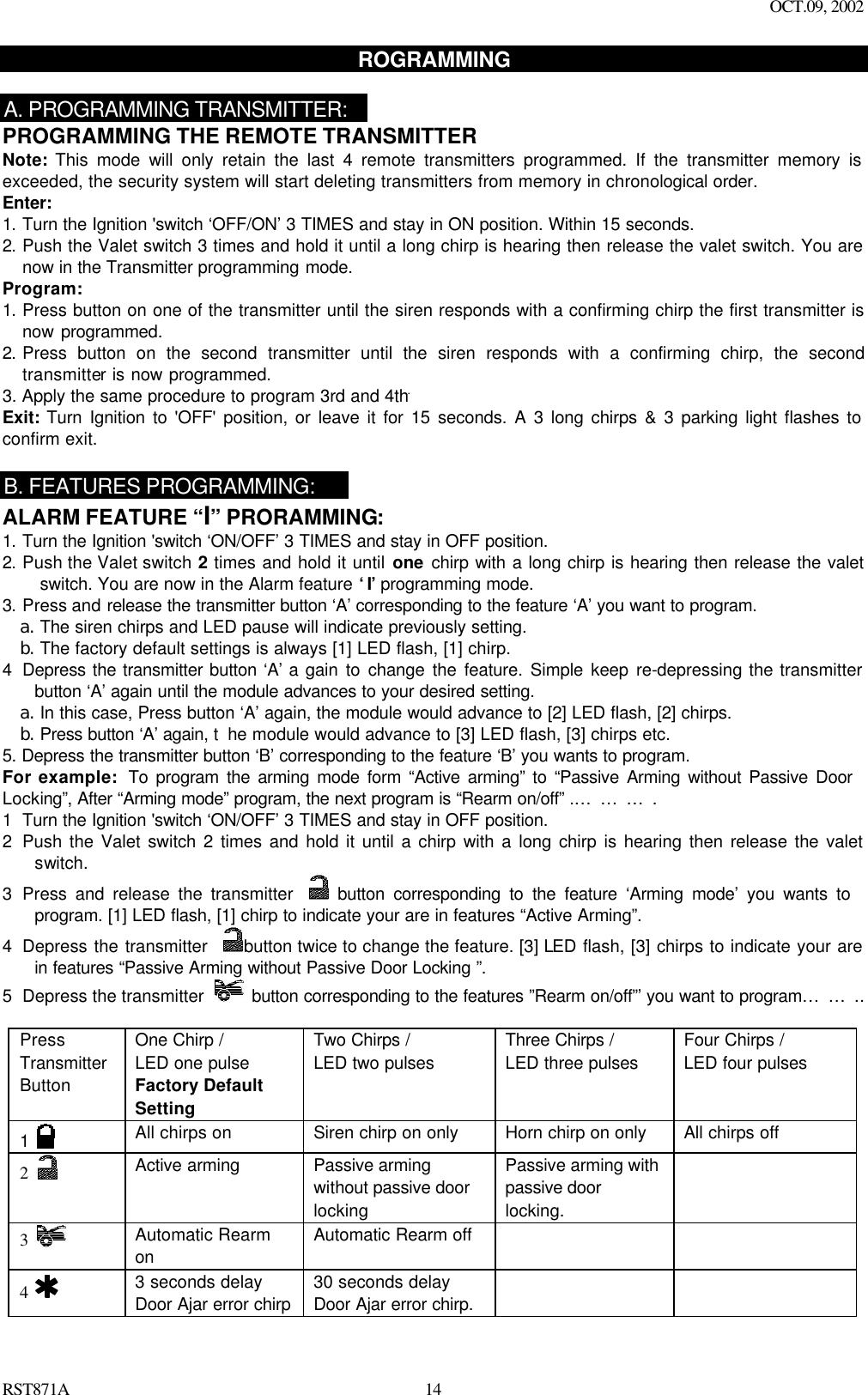 OCT.09, 2002 RST871A 14ROGRAMMING    A. PROGRAMMING TRANSMITTER: PROGRAMMING THE REMOTE TRANSMITTER Note: This mode will only retain the last 4 remote transmitters programmed. If the transmitter memory is exceeded, the security system will start deleting transmitters from memory in chronological order. Enter:   1. Turn the Ignition &apos;switch ‘OFF/ON’ 3 TIMES and stay in ON position. Within 15 seconds.  2. Push the Valet switch 3 times and hold it until a long chirp is hearing then release the valet switch. You are now in the Transmitter programming mode. Program: 1. Press button on one of the transmitter until the siren responds with a confirming chirp the first transmitter is now programmed.   2. Press button on the second transmitter until the siren responds with a confirming chirp, the second transmitter is now programmed.   3. Apply the same procedure to program 3rd and 4th. Exit: Turn Ignition to &apos;OFF&apos; position, or leave it for 15 seconds. A 3 long chirps &amp; 3 parking light flashes to confirm exit.  B. FEATURES PROGRAMMING: ALARM FEATURE “I” PRORAMMING:  1. Turn the Ignition &apos;switch ‘ON/OFF’ 3 TIMES and stay in OFF position.   2. Push the Valet switch 2 times and hold it until one chirp with a long chirp is hearing then release the valet switch. You are now in the Alarm feature ‘I’ programming mode. 3. Press and release the transmitter button ‘A’ corresponding to the feature ‘A’ you want to program.   a. The siren chirps and LED pause will indicate previously setting. b. The factory default settings is always [1] LED flash, [1] chirp. 4 Depress the transmitter button ‘A’ a gain to change the feature. Simple keep re-depressing the transmitter button ‘A’ again until the module advances to your desired setting.  a. In this case, Press button ‘A’ again, the module would advance to [2] LED flash, [2] chirps.  b. Press button ‘A’ again, t he module would advance to [3] LED flash, [3] chirps etc. 5. Depress the transmitter button ‘B’ corresponding to the feature ‘B’ you wants to program.  For example:  To program the arming mode form “Active arming” to “Passive Arming without Passive Door Locking”, After “Arming mode” program, the next program is “Rearm on/off” .………. 1 Turn the Ignition &apos;switch ‘ON/OFF’ 3 TIMES and stay in OFF position.   2 Push the Valet switch 2 times and hold it until a chirp with a long chirp is hearing then release the valet switch. 3 Press and release the transmitter   button corresponding to the feature ‘Arming mode’ you wants to program. [1] LED flash, [1] chirp to indicate your are in features “Active Arming”.  4 Depress the transmitter   button twice to change the feature. [3] LED flash, [3] chirps to indicate your are in features “Passive Arming without Passive Door Locking ”.  5 Depress the transmitter   button corresponding to the features ”Rearm on/off”’ you want to program……..  Press Transmitter Button One Chirp /  LED one pulse Factory Default Setting Two Chirps / LED two pulses  Three Chirps / LED three pulses  Four Chirps / LED four pulses   1   All chirps on Siren chirp on only Horn chirp on only All chirps off 2   Active arming Passive arming without passive door locking Passive arming with passive door locking.  3   Automatic Rearm on Automatic Rearm off     4   3 seconds delay Door Ajar error chirp 30 seconds delay Door Ajar error chirp.    