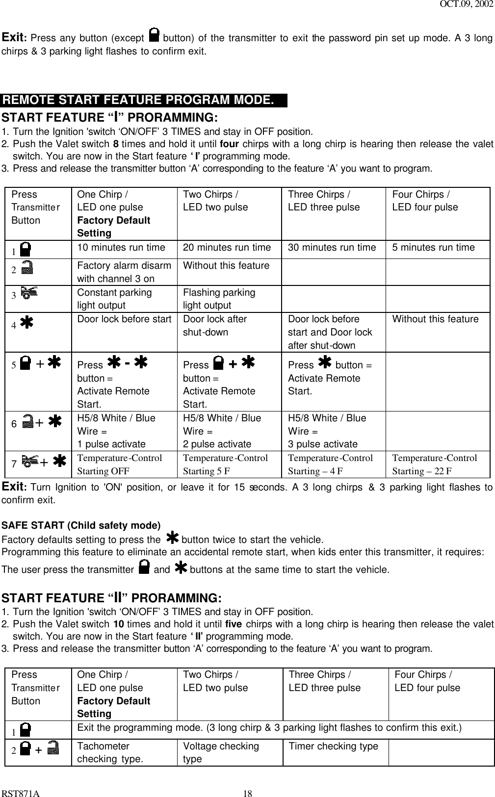 OCT.09, 2002 RST871A 18Exit: Press any button (except   button) of the transmitter to exit the password pin set up mode. A 3 long chirps &amp; 3 parking light flashes to confirm exit.    REMOTE START FEATURE PROGRAM MODE.   START FEATURE “I” PRORAMMING:  1. Turn the Ignition &apos;switch ‘ON/OFF’ 3 TIMES and stay in OFF position.   2. Push the Valet switch 8 times and hold it until four chirps with a long chirp is hearing then release the valet switch. You are now in the Start feature ‘I’ programming mode. 3. Press and release the transmitter button ‘A’ corresponding to the feature ‘A’ you want to program.    Press Transmitter Button One Chirp /  LED one pulse Factory Default Setting Two Chirps /  LED two pulse  Three Chirps /  LED three pulse  Four Chirps /  LED four pulse  1   10 minutes run time 20 minutes run time 30 minutes run time 5 minutes run time 2   Factory alarm disarm with channel 3 on Without this feature     3   Constant parking light output Flashing parking light output    4   Door lock before start Door lock after shut-down Door lock before start and Door lock after shut-down Without this feature 5   +  Press    -   button =   Activate Remote Start. Press    +   button =   Activate Remote Start. Press    button = Activate Remote Start.  6  +   H5/8 White / Blue Wire =  1 pulse activate   H5/8 White / Blue Wire =  2 pulse activate   H5/8 White / Blue Wire =  3 pulse activate  7  +    Temperature-Control Starting OFF Temperature-Control Starting 5 F Temperature-Control Starting – 4 F Temperature-Control Starting – 22 F Exit: Turn Ignition to &apos;ON&apos; position, or leave it for 15 seconds. A 3 long chirps &amp; 3 parking light flashes to confirm exit.  SAFE START (Child safety mode) Factory defaults setting to press the   button twice to start the vehicle.  Programming this feature to eliminate an accidental remote start, when kids enter this transmitter, it requires: The user press the transmitter   and   buttons at the same time to start the vehicle.     START FEATURE “II” PRORAMMING:  1. Turn the Ignition &apos;switch ‘ON/OFF’ 3 TIMES and stay in OFF position.   2. Push the Valet switch 10 times and hold it until five chirps with a long chirp is hearing then release the valet switch. You are now in the Start feature ‘II’ programming mode. 3. Press and release the transmitter button ‘A’ corresponding to the feature ‘A’ you want to program.    Press Transmitter Button One Chirp /  LED one pulse Factory Default Setting Two Chirps /  LED two pulse  Three Chirps /  LED three pulse  Four Chirps /  LED four pulse  1   Exit the programming mode. (3 long chirp &amp; 3 parking light flashes to confirm this exit.) 2   +  Tachometer checking type.     Voltage checking type Timer checking type   