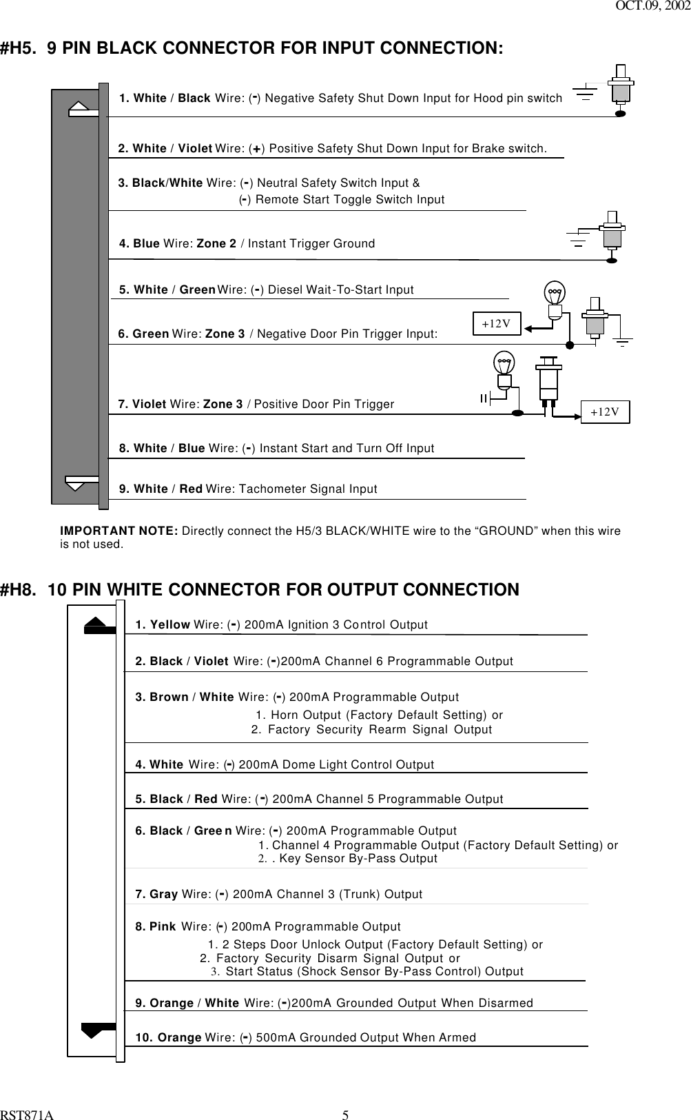 OCT.09, 2002 RST871A 5#H5.  9 PIN BLACK CONNECTOR FOR INPUT CONNECTION:  6. Green Wire: Zone 3 / Negative Door Pin Trigger Input: 4. Blue Wire: Zone 2 / Instant Trigger Ground 7. Violet Wire: Zone 3 / Positive Door Pin Trigger 2. White / Violet Wire: (+) Positive Safety Shut Down Input for Brake switch. 3. Black/White Wire: (-) Neutral Safety Switch Input &amp;    (-) Remote Start Toggle Switch Input   9. White / Red Wire: Tachometer Signal Input +12V 1. White / Black Wire: (-) Negative Safety Shut Down Input for Hood pin switch IMPORTANT NOTE: Directly connect the H5/3 BLACK/WHITE wire to the “GROUND” when this wire is not used. +12V 5. White / Green Wire: (-) Diesel Wait-To-Start Input 8. White / Blue Wire: (-) Instant Start and Turn Off Input   #H8.  10 PIN WHITE CONNECTOR FOR OUTPUT CONNECTION  4. White Wire: (-) 200mA Dome Light Control Output 7. Gray Wire: (-) 200mA Channel 3 (Trunk) Output 10. Orange Wire: (-) 500mA Grounded Output When Armed 1. Yellow Wire: (-) 200mA Ignition 3 Control Output 8. Pink Wire: (-) 200mA Programmable Output     1. 2 Steps Door Unlock Output (Factory Default Setting) or             2. Factory Security Disarm Signal Output or             3. Start Status (Shock Sensor By-Pass Control) Output 3. Brown / White Wire: (-) 200mA Programmable Output       1. Horn Output (Factory Default Setting) or                       2. Factory Security Rearm Signal Output  6. Black / Gree n Wire: (-) 200mA Programmable Output 1. Channel 4 Programmable Output (Factory Default Setting) or 2. . Key Sensor By-Pass Output 2. Black / Violet Wire: (-)200mA Channel 6 Programmable Output  5. Black / Red Wire: (-) 200mA Channel 5 Programmable Output 9. Orange / White Wire: (-)200mA Grounded Output When Disarmed    