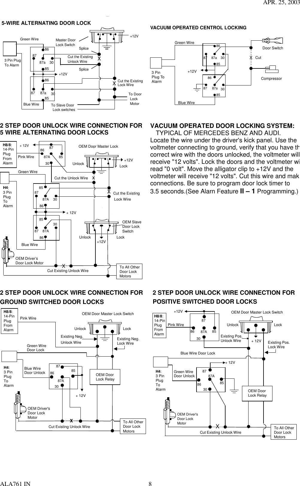 APR. 25, 2003 ALA761 IN  8  +12V Master Door   Lock Switch X XSplice Splice Cut the Existing Lock Wire To Door Lock Motor To Slave Door Lock switches Cut the Existing Unlock Wire 3 Pin Plug To Alarm 5-WIRE ALTERNATING DOOR LOCK 30 86 87a 85 87 30 86 87a 85 87 +12V Green Wire Blue Wire   VACUUM OPERATED CENTROL LOCKINGGreen WireBlue Wire+12VXCutCompressorDoor Switch308687a8587308687a85873 PinPlug ToAlarm  2 STEP DOOR UNLOCK WIRE CONNECTION FOR5 WIRE ALTERNATING DOOR LOCKS+12VCut the ExistingLock WireCut Existing Unlock WireXCut the Unlock WireLockUnlockOEM Door Master LockOEM SlaveDoor LockSwitch+12V LockUnlockTo All OtherDoor LockMotorsH8/8:14-PinPlugFromAlarmPink WirexXBlue WireOEM Driver’sDoor Lock Motor+ 12V+ 12V8586 8787A3030878587A8630878587A86Green WireH4:3 PinPlugToAlarm VACUUM OPERATED DOOR LOCKING SYSTEM: TYPICAL OF MERCEDES BENZ AND AUDI. Locate the wire under the driver&apos;s kick panel. Use the voltmeter connecting to ground, verify that you have thcorrect wire with the doors unlocked, the voltmeter willreceive &quot;12 volts&quot;. Lock the doors and the voltmeter wiread &quot;0 volt&quot;. Move the alligator clip to +12V and the   voltmeter will receive &quot;12 volts&quot;. Cut this wire and makconnections. Be sure to program door lock timer to   3.5 seconds.(See Alarn Feature II – 1 Programming.)    2 STEP DOOR UNLOCK WIRE CONNECTION FORGROUND SWITCHED DOOR LOCKSCut Existing Unlock WireXLockUnlockOEM Door Master Lock SwitchTo All OtherDoor LockMotorsPink WireOEM Driver&apos;sDoor LockMotorExisting Neg.Lock WireExisting Neg.Unlock Wire8630858787A+ 12VGreen WireDoor LockBlue WireDoor Unlock OEM DoorLock RelayH8/8:14-PinPlugFromAlarmH4:3 PinPlugToAlarm  2 STEP DOOR UNLOCK WIRE CONNECTION FORPOSITIVE SWITCHED DOOR LOCKSCut Existing Unlock WireXLockUnlockOEM Door Master Lock SwitchTo All OtherDoor LockMotorsPink WireOEM Driver&apos;sDoor LockMotor+ 12V Existing Pos.Lock WireExisting Pos.Unlock Wire3087A8786 85+12V+ 12VOEM DoorLock Relay8630858787AGreen WireDoor UnlockBlue Wire Door LockH8/8:14-PinPlugFromAlarmH4:3 PinPlugToAlarm    