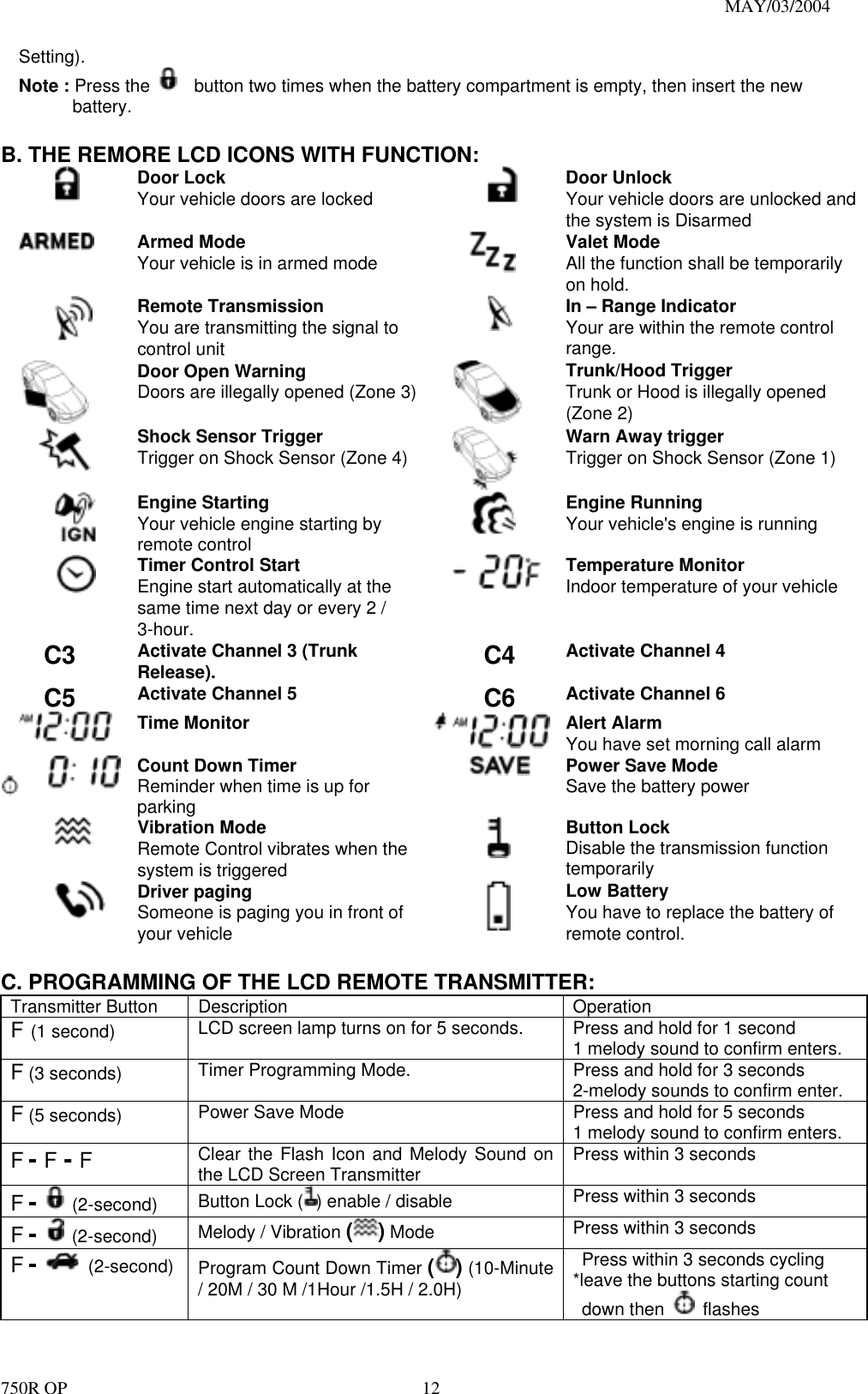                                                                               MAY/03/2004 750R OP    12Setting). Note : Press the      button two times when the battery compartment is empty, then insert the new battery.  B. THE REMORE LCD ICONS WITH FUNCTION:  Door Lock Your vehicle doors are locked       Door Unlock Your vehicle doors are unlocked and the system is Disarmed  Armed Mode Your vehicle is in armed mode   Valet Mode All the function shall be temporarily on hold.  Remote Transmission You are transmitting the signal to control unit  In – Range Indicator Your are within the remote control range.   Door Open Warning  Doors are illegally opened (Zone 3)  Trunk/Hood Trigger Trunk or Hood is illegally opened (Zone 2)  Shock Sensor Trigger Trigger on Shock Sensor (Zone 4)  Warn Away trigger Trigger on Shock Sensor (Zone 1)  Engine Starting Your vehicle engine starting by remote control   Engine Running Your vehicle&apos;s engine is running  Timer Control Start Engine start automatically at the same time next day or every 2 / 3-hour.  Temperature Monitor Indoor temperature of your vehicle  C3  Activate Channel 3 (Trunk Release). C4 Activate Channel 4 C5  Activate Channel 5 C6 Activate Channel 6  Time Monitor  Alert Alarm You have set morning call alarm  Count Down Timer Reminder when time is up for parking  Power Save Mode Save the battery power  Vibration Mode Remote Control vibrates when the system is triggered   Button Lock Disable the transmission function temporarily   Driver paging Someone is paging you in front of your vehicle   Low Battery You have to replace the battery of remote control.  C. PROGRAMMING OF THE LCD REMOTE TRANSMITTER: Transmitter Button  Description  Operation F (1 second) LCD screen lamp turns on for 5 seconds.    Press and hold for 1 second 1 melody sound to confirm enters. F (3 seconds) Timer Programming Mode.      Press and hold for 3 seconds 2-melody sounds to confirm enter. F (5 seconds) Power Save Mode  Press and hold for 5 seconds 1 melody sound to confirm enters. F - F - F  Clear the Flash Icon and Melody Sound on the LCD Screen Transmitter  Press within 3 seconds F -  (2-second)    Button Lock ( ) enable / disable  Press within 3 seconds F -  (2-second)  Melody / Vibration ( ) Mode    Press within 3 seconds F -  (2-second)  Program Count Down Timer ( ) (10-Minute / 20M / 30 M /1Hour /1.5H / 2.0H)   Press within 3 seconds cycling *leave the buttons starting count    down then   flashes 