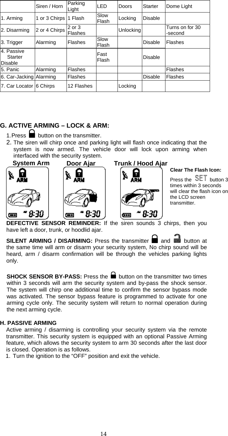   14  Siren / Horn  Parking Light  LED Doors Starter Dome Light  1. Arming  1 or 3 Chirps 1 Flash  Slow Flash  Locking Disable  2. Disarming  2 or 4 Chirps 2 or 3 Flashes   Unlocking   Turns on for 30 -second 3. Trigger  Alarming  Flashes  Slow Flash   Disable Flashes 4. Passive Starter Disable    Fast Flash   Disable  5. Panic  Alarming  Flashes       Flashes 6. Car-Jacking  Alarming  Flashes     Disable Flashes  7. Car Locator  6 Chirps  12 Flashes   Locking         G. ACTIVE ARMING – LOCK &amp; ARM: 1. Press    button on the transmitter. 2. The siren will chirp once and parking light will flash once indicating that the system is now armed. The vehicle door will lock upon arming when interfaced with the security system.     System Arm        Door Ajar     Trunk / Hood Ajar     Clear The Flash Icon: Press the  button 3times within 3 seconds will clear the flash icon onthe LCD screen transmitter. DEFECTIVE SENSOR REMINDER: If the siren sounds 3 chirps, then you have left a door, trunk, or hoodlid ajar.   SILENT ARMING / DISARMING: Press the transmitter   and    button at the same time will arm or disarm your security system, No chirp sound will be heard, arm / disarm confirmation will be through the vehicles parking lights only.  SHOCK SENSOR BY-PASS: Press the   button on the transmitter two times within 3 seconds will arm the security system and by-pass the shock sensor. The system will chirp one additional time to confirm the sensor bypass mode was activated. The sensor bypass feature is programmed to activate for one arming cycle only. The security system will return to normal operation during the next arming cycle.  H. PASSIVE ARMING Active arming / disarming is controlling your security system via the remote transmitter. This security system is equipped with an optional Passive Arming feature, which allows the security system to arm 30 seconds after the last door is closed. Operation is as follows.   1. Turn the ignition to the “OFF” position and exit the vehicle. 