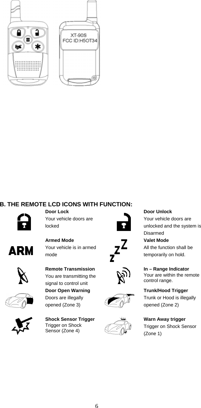   6                   B. THE REMOTE LCD ICONS WITH FUNCTION:  Door Lock Your vehicle doors are locked       Door Unlock Your vehicle doors are unlocked and the system is Disarmed  Armed Mode Your vehicle is in armed mode   Valet Mode All the function shall be temporarily on hold.  Remote TransmissionYou are transmitting the signal to control unit  In – Range Indicator Your are within the remote control range.    Door Open Warning   Doors are illegally opened (Zone 3)   Trunk/Hood Trigger Trunk or Hood is illegally opened (Zone 2)  Shock Sensor TriggerTrigger on Shock Sensor (Zone 4)  Warn Away trigger Trigger on Shock Sensor (Zone 1) 