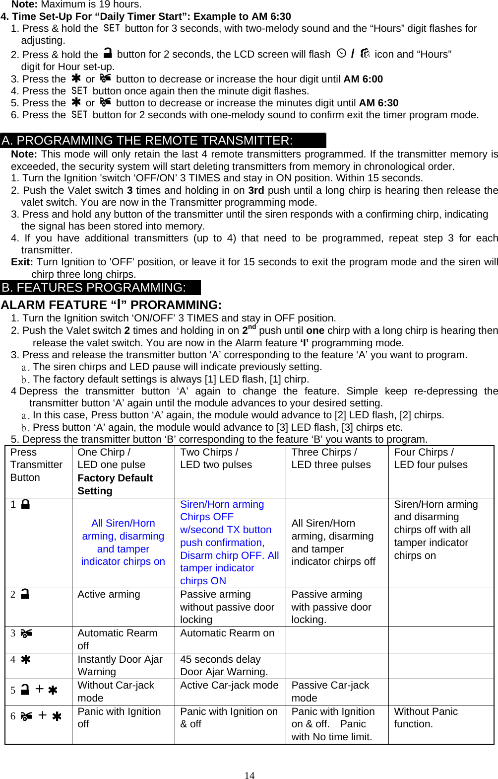   Note: Maximum is 19 hours. 4. Time Set-Up For “Daily Timer Start”: Example to AM 6:30   1. Press &amp; hold the    button for 3 seconds, with two-melody sound and the “Hours” digit flashes for adjusting.     2. Press &amp; hold the    button for 2 seconds, the LCD screen will flash   /  icon and “Hours” digit for Hour set-up.   3. Press the   or    button to decrease or increase the hour digit until AM 6:00     4. Press the    button once again then the minute digit flashes.   5. Press the   or    button to decrease or increase the minutes digit until AM 6:30   6. Press the    button for 2 seconds with one-melody sound to confirm exit the timer program mode.  A. PROGRAMMING THE REMOTE TRANSMITTER: Note: This mode will only retain the last 4 remote transmitters programmed. If the transmitter memory is exceeded, the security system will start deleting transmitters from memory in chronological order. 1. Turn the Ignition &apos;switch ‘OFF/ON’ 3 TIMES and stay in ON position. Within 15 seconds. 2. Push the Valet switch 3 times and holding in on 3rd push until a long chirp is hearing then release the valet switch. You are now in the Transmitter programming mode. 3. Press and hold any button of the transmitter until the siren responds with a confirming chirp, indicating the signal has been stored into memory. 4. If you have additional transmitters (up to 4) that need to be programmed, repeat step 3 for each transmitter. Exit: Turn Ignition to &apos;OFF&apos; position, or leave it for 15 seconds to exit the program mode and the siren will chirp three long chirps. B. FEATURES PROGRAMMING: ALARM FEATURE “I” PRORAMMING:   1. Turn the Ignition switch ‘ON/OFF’ 3 TIMES and stay in OFF position.   2. Push the Valet switch 2 times and holding in on 2nd push until one chirp with a long chirp is hearing then release the valet switch. You are now in the Alarm feature ‘I’ programming mode. 3. Press and release the transmitter button ‘A’ corresponding to the feature ‘A’ you want to program.   a. The siren chirps and LED pause will indicate previously setting. b. The factory default settings is always [1] LED flash, [1] chirp. 4 Depress the transmitter button ‘A’ again to change the feature. Simple keep re-depressing the transmitter button ‘A’ again until the module advances to your desired setting. a. In this case, Press button ‘A’ again, the module would advance to [2] LED flash, [2] chirps. b. Press button ‘A’ again, the module would advance to [3] LED flash, [3] chirps etc. 5. Depress the transmitter button ‘B’ corresponding to the feature ‘B’ you wants to program. Press Transmitter Button One Chirp /   LED one pulse Factory Default Setting Two Chirps / LED two pulses  Three Chirps / LED three pulses  Four Chirps / LED four pulses    1   All Siren/Horn arming, disarming and tamper indicator chirps on Siren/Horn arming Chirps OFF w/second TX button push confirmation, Disarm chirp OFF. All tamper indicator chirps ON All Siren/Horn arming, disarming and tamper indicator chirps off Siren/Horn arming and disarming chirps off with all tamper indicator chirps on   2   Active arming  Passive arming without passive door locking Passive arming with passive door locking.  3   Automatic Rearm off Automatic Rearm on     4   Instantly Door Ajar Warning  45 seconds delay Door Ajar Warning.   5   +    Without Car-jack mode Active Car-jack mode  Passive Car-jack mode  6   +   Panic with Ignition off Panic with Ignition on &amp; off Panic with Ignition on &amp; off.    Panic with No time limit. Without Panic function.  14