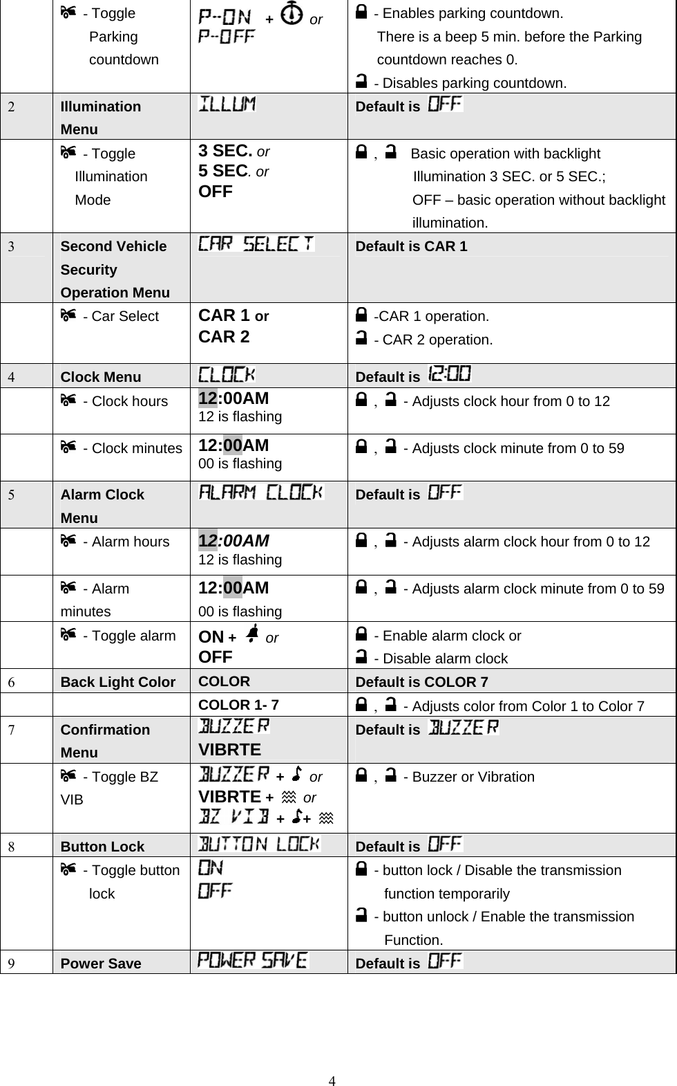              - Toggle Parking countdown   +   or   - Enables parking countdown. There is a beep 5 min. before the Parking countdown reaches 0.   - Disables parking countdown. 2  Illumination Menu  Default is     - Toggle Illumination Mode 3 SEC. or 5 SEC. or   OFF  ,     Basic operation with backlight Illumination 3 SEC. or 5 SEC.;   OFF – basic operation without backlight illumination. 3  Second Vehicle Security Operation Menu    Default is CAR 1     - Car Select  CAR 1 or  CAR 2    -CAR 1 operation.  - CAR 2 operation. 4  Clock Menu     Default is      - Clock hours  12:00AM 12 is flashing   ,   - Adjusts clock hour from 0 to 12   - Clock minutes  12:00AM 00 is flashing   ,   - Adjusts clock minute from 0 to 59 5  Alarm Clock Menu   Default is      - Alarm hours  12:00AM 12 is flashing  ,   - Adjusts alarm clock hour from 0 to 12   - Alarm minutes 12:00AM 00 is flashing  ,   - Adjusts alarm clock minute from 0 to 59  - Toggle alarm  ON +   or OFF    - Enable alarm clock or     - Disable alarm clock 6  Back Light Color  COLOR   Default is COLOR 7   COLOR 1- 7   ,   - Adjusts color from Color 1 to Color 7 7  Confirmation Menu   VIBRTE   Default is       - Toggle BZ VIB   +   or VIBRTE +   or  +  +    ,   - Buzzer or Vibration 8  Button Lock   Default is      - Toggle button lock        - button lock / Disable the transmission function temporarily  - button unlock / Enable the transmission   Function. 9  Power Save    Default is    4