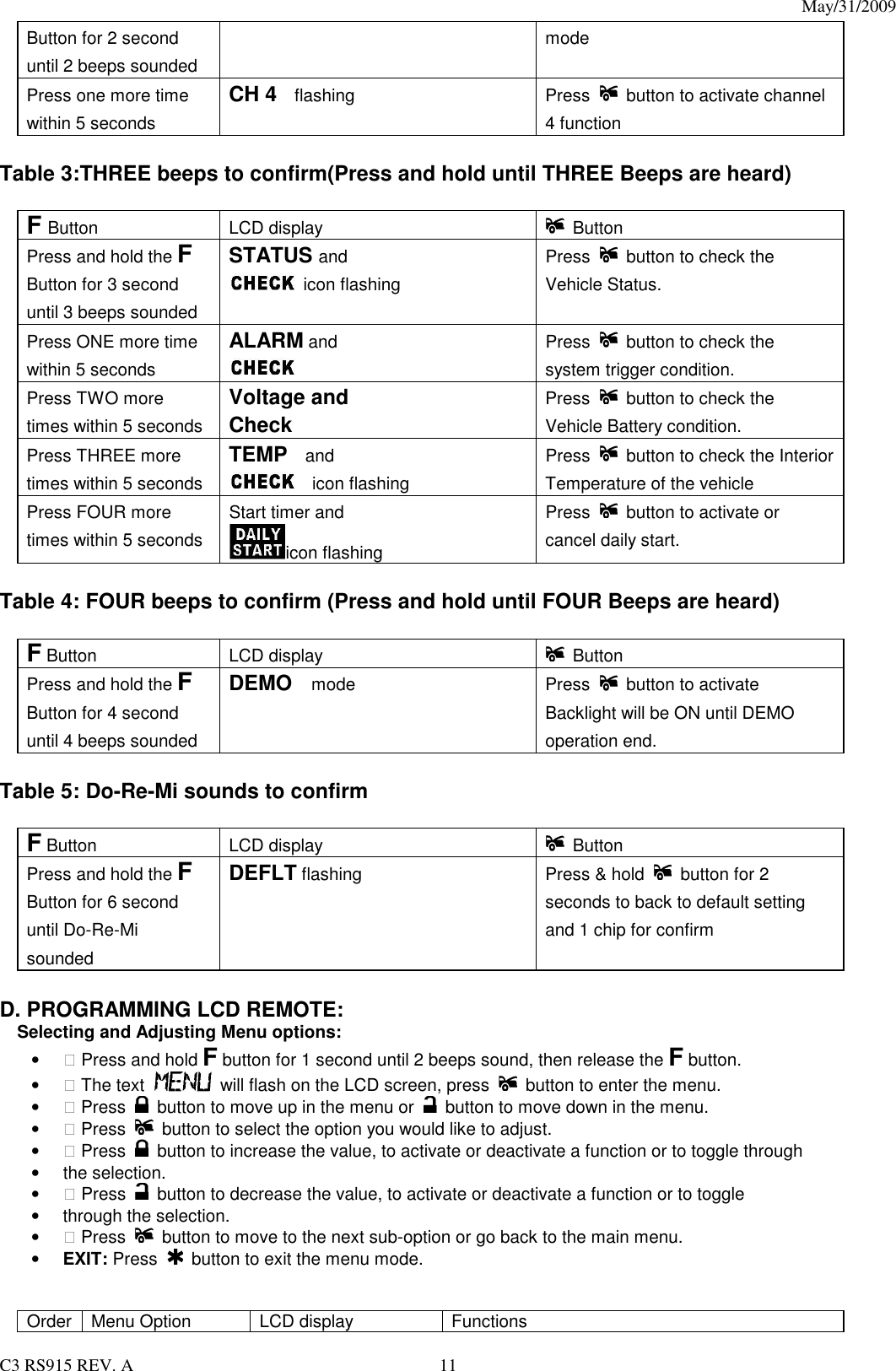 May/31/2009                                                                                  C3 RS915 REV. A  11 Button for 2 second until 2 beeps sounded mode Press one more time within 5 seconds CH 4   flashing    Press    button to activate channel 4 function  Table 3:THREE beeps to confirm(Press and hold until THREE Beeps are heard)  F Button LCD display    Button Press and hold the F Button for 3 second until 3 beeps sounded STATUS and    icon flashing Press    button to check the Vehicle Status.   Press ONE more time within 5 seconds ALARM and    Press    button to check the system trigger condition.   Press TWO more times within 5 seconds Voltage and Check Press    button to check the Vehicle Battery condition. Press THREE more times within 5 seconds TEMP    and     icon flashing Press    button to check the Interior Temperature of the vehicle   Press FOUR more times within 5 seconds Start timer and   icon flashing   Press    button to activate or cancel daily start.  Table 4: FOUR beeps to confirm (Press and hold until FOUR Beeps are heard)  F Button LCD display    Button Press and hold the F Button for 4 second until 4 beeps sounded DEMO   mode  Press    button to activate Backlight will be ON until DEMO operation end.  Table 5: Do-Re-Mi sounds to confirm    F Button LCD display    Button Press and hold the F Button for 6 second until Do-Re-Mi sounded DEFLT flashing  Press &amp; hold    button for 2 seconds to back to default setting and 1 chip for confirm    D. PROGRAMMING LCD REMOTE: Selecting and Adjusting Menu options: •  Press and hold F button for 1 second until 2 beeps sound, then release the F button.   •  The text   will flash on the LCD screen, press    button to enter the menu. •  Press    button to move up in the menu or    button to move down in the menu. •  Press   button to select the option you would like to adjust. •  Press   button to increase the value, to activate or deactivate a function or to toggle through •  the selection. •  Press   button to decrease the value, to activate or deactivate a function or to toggle •  through the selection. •  Press   button to move to the next sub-option or go back to the main menu. • EXIT: Press      button to exit the menu mode.   Order Menu Option  LCD display  Functions 