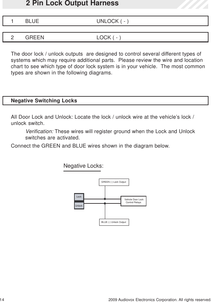 14 2009 Audiovox Electronics Corporation. All rights reserved.2 Pin Lock Output Harness1 BLUE UNLOCK ( - )2 GREEN LOCK ( - )The door lock / unlock outputs  are designed to control several different types ofsystems which may require additional parts.  Please review the wire and locationchart to see which type of door lock system is in your vehicle.  The most commontypes are shown in the following diagrams.Negative Switching LocksAll Door Lock and Unlock: Locate the lock / unlock wire at the vehicle’s lock /unlock switch.Verification: These wires will register ground when the Lock and Unlockswitches are activated.Connect the GREEN and BLUE wires shown in the diagram below.LockUnlockVehicle Door Lock   Control RelaysGREEN (-) Lock OutputBLUE (-) Unlock OutputNegative Locks: