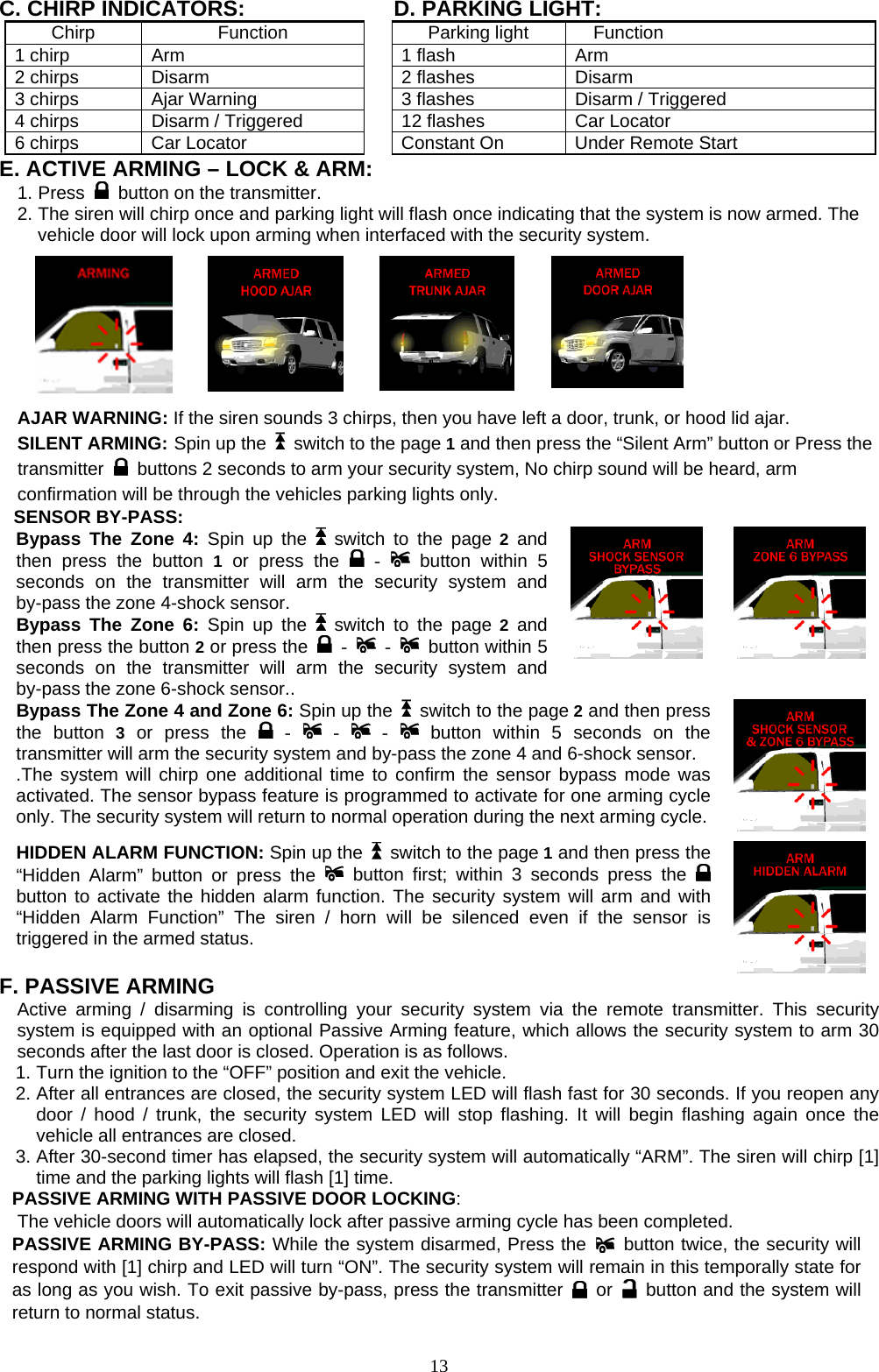  C. CHIRP INDICATORS:      D. PARKING LIGHT: Chirp Function  Parking light Function 1 chirp  Arm    1 flash  Arm 2 chirps  Disarm    2 flashes  Disarm 3 chirps  Ajar Warning    3 flashes  Disarm / Triggered 4 chirps  Disarm / Triggered    12 flashes  Car Locator 6 chirps  Car Locator    Constant On  Under Remote Start E. ACTIVE ARMING – LOCK &amp; ARM: 1. Press    button on the transmitter. 2. The siren will chirp once and parking light will flash once indicating that the system is now armed. The vehicle door will lock upon arming when interfaced with the security system.           AJAR WARNING: If the siren sounds 3 chirps, then you have left a door, trunk, or hood lid ajar.   SILENT ARMING: Spin up the    switch to the page 1 and then press the “Silent Arm” button or Press the transmitter   buttons 2 seconds to arm your security system, No chirp sound will be heard, arm confirmation will be through the vehicles parking lights only. SENSOR BY-PASS:   Bypass The Zone 4: Spin up the    switch to the page 2 and then press the button 1 or press the   -   button within 5 seconds on the transmitter will arm the security system and by-pass the zone 4-shock sensor.  Bypass The Zone 6: Spin up the    switch to the page 2 and then press the button 2 or press the   -   -   button within 5 seconds on the transmitter will arm the security system and by-pass the zone 6-shock sensor.. Bypass The Zone 4 and Zone 6: Spin up the    switch to the page 2 and then press the button 3 or press the   -   -   -   button within 5 seconds on the transmitter will arm the security system and by-pass the zone 4 and 6-shock sensor. .The system will chirp one additional time to confirm the sensor bypass mode was activated. The sensor bypass feature is programmed to activate for one arming cycle only. The security system will return to normal operation during the next arming cycle.  HIDDEN ALARM FUNCTION: Spin up the    switch to the page 1 and then press the “Hidden Alarm” button or press the   button first; within 3 seconds press the   button to activate the hidden alarm function. The security system will arm and with “Hidden Alarm Function” The siren / horn will be silenced even if the sensor is triggered in the armed status.    F. PASSIVE ARMING Active arming / disarming is controlling your security system via the remote transmitter. This security system is equipped with an optional Passive Arming feature, which allows the security system to arm 30 seconds after the last door is closed. Operation is as follows.   1. Turn the ignition to the “OFF” position and exit the vehicle. 2. After all entrances are closed, the security system LED will flash fast for 30 seconds. If you reopen any door / hood / trunk, the security system LED will stop flashing. It will begin flashing again once the vehicle all entrances are closed. 3. After 30-second timer has elapsed, the security system will automatically “ARM”. The siren will chirp [1] time and the parking lights will flash [1] time. PASSIVE ARMING WITH PASSIVE DOOR LOCKING:     The vehicle doors will automatically lock after passive arming cycle has been completed. PASSIVE ARMING BY-PASS: While the system disarmed, Press the    button twice, the security will respond with [1] chirp and LED will turn “ON”. The security system will remain in this temporally state for as long as you wish. To exit passive by-pass, press the transmitter   or    button and the system will return to normal status.    13