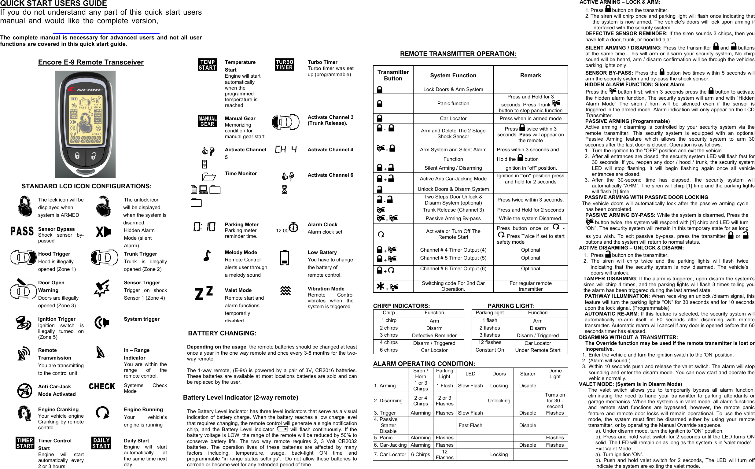 QUICK START USERS GUIDE If you do not understand any part of this quick start users manual and would like the complete version,   The complete manual is necessary for advanced users and not all user functions are covered in this quick start guide.   Temperature Start Engine will start automatically when the programmed temperature is reached   Turbo Timer Turbo timer was set up.(programmable)  Manual Gear Memorizing condition for manual gear start.   Activate Channel 3 (Trunk Release).    Activate Channel 5   Activate Channel 4  Time Monitor     Activate Channel 6        Parking Meter Parking meter reminder time. 12:00  Alarm Clock Alarm clock set.   Melody Mode Remote Control alerts user through a melody sound   Low Battery You have to change the battery of remote control.   Valet Mode Remote start and alarm functions temporarily disabled Vibration Mode Remote Control vibrates when the system is triggered Transmitter Button  System Function  Remark Lock Doors &amp; Arm System       Panic function Press and Hold for 3 seconds. Press Trunk   button to stop panic function  Car Locator  Press when in armed mode  -    Arm and Delete The 2 Stage Shock Sensor Press   twice within 3 seconds. Pass will appear on the remote  -    Arm System and Silent Alarm Function Press within 3 seconds and Hold the   button  +   Silent Arming / Disarming  Ignition in &quot;off&quot; position.  +   Active Anti Car-Jacking Mode  Ignition in &quot;on&quot; position press and hold for 2 seconds Unlock Doors &amp; Disarm System    -    Two Steps Door Unlock &amp; Disarm System (optional)  Press twice within 3 seconds. Trunk Release (Channel 3)  Press and Hold for 2 seconds  -  Passive Arming By-pass  While the system Disarmed.    Activate or Turn Off The Remote Start Press button once or   -  Press Twice if set to start safety mode  +    Channel # 4 Timer Output (4)  Optional  +   Channel # 5 Timer Output (5)  Optional  + Channel # 6 Timer Output (6)  Optional  +   Switching code For 2nd Car Operation. For regular remote transmitter  ACTIVE ARMING – LOCK &amp; ARM: 1. Press   button on the transmitter. 2. The siren will chirp once and parking light will flash once indicating that the system is now armed. The vehicle’s doors will lock upon arming if interfaced with the security system. DEFECTIVE SENSOR REMINDER: If the siren sounds 3 chirps, then you have left a door, trunk, or hood lid ajar. SILENT ARMING / DISARMING: Press the transmitter   and   buttons at the same time. This will arm or disarm your security system, No chirp sound will be heard, arm / disarm confirmation will be through the vehicles parking lights only. SENSOR BY-PASS: Press the   button two times within 5 seconds will arm the security system and by-pass the shock sensor.      HIDDEN ALARM FUNCTION: Silent Alarm Press the   button first; within 3 seconds press the   button to activate the hidden alarm function. The security system will arm and with “Hidden Alarm Mode” The siren / horn will be silenced even if the sensor is triggered in the armed mode. Alarm indication will only appear on the LCD Transmitter. PASSIVE ARMING (Programmable) Active arming / disarming is controlled by your security system via the remote transmitter. This security system is equipped with an optional Passive Arming feature which allows the security system to arm 30 seconds after the last door is closed. Operation is as follows.  1.  Turn the ignition to the “OFF” position and exit the vehicle. 2.  After all entrances are closed, the security system LED will flash fast for 30 seconds. If you reopen any door / hood / trunk, the security system LED will stop flashing. It will begin flashing again once all vehicle entrances are closed. 3. After the 30-second time has elapsed, the security system will automatically “ARM”. The siren will chirp [1] time and the parking lights will flash [1] time. PASSIVE ARMING WITH PASSIVE DOOR LOCKING    The vehicle doors will automatically lock after the passive arming cycle has been completed. PASSIVE ARMING BY-PASS: While the system is disarmed, Press the  button twice, the system will respond with [1] chirp and LED will turn “ON”. The security system will remain in this temporary state for as long as you wish. To exit passive by-pass, press the transmitter   or   buttons and the system will return to normal status.  ACTIVE DISARMING – UNLOCK &amp; DISARM: 1. Press   button on the transmitter. 2. The siren will chirp twice and the parking lights will flash twice indicating that the security system is now disarmed. The vehicle’s doors will unlock.  TAMPER DISARMING: If the alarm is triggered, upon disarm the system’s siren will chirp 4 times, and the parking lights will flash 3 times telling you the alarm has been triggered during the last armed state. PATHWAY ILLUMINATION: When receiving an unlock /disarm signal, this feature will turn the parking lights “ON” for 30 seconds and for 10 seconds upon the lock signal. (Programmable) AUTOMATIC RE-ARM: If this feature is selected, the security system will automatically re-arm itself in 60 seconds after disarming with remote transmitter. Automatic rearm will cancel if any door is opened before the 60 seconds timer has elapsed. DISARMING WITHOUT A TRANSMITTER: The Override function may be used if the remote transmitter is lost or inoperative. 1.  Enter the vehicle and turn the ignition switch to the &apos;ON’ position.  2. (Alarm will sound.) 3. Within 10 seconds push and release the valet switch. The alarm will stop sounding and enter the disarm mode. You can now start and operate the vehicle normally. VALET MODE: (System is in Disarm Mode) The valet switch allows you to temporarily bypass all alarm function, eliminating the need to hand your transmitter to parking attendants or garage mechanics. When the system is in valet mode, all alarm functions and remote start functions are bypassed, however, the remote panic feature and remote door locks will remain operational. To use the valet mode, the system must first be disarmed either by using your remote transmitter, or by operating the Manual Override sequence.  a). Under disarm mode, turn the ignition to “ON” position. b). Press and hold valet switch for 2 seconds until the LED turns ON solid. The LED will remain on as long as the system is in &apos;valet mode&apos;.  Exit Valet Mode: a). Turn ignition &apos;ON&apos;. b). Push and hold valet switch for 2 seconds, The LED will turn off indicate the system are exiting the valet mode. Encore E-9 Remote Transceiver STANDARD LCD ICON CONFIGURATIONS:   The lock icon will be displayed when system is ARMED   The unlock icon will be displayed when the system is disarmed.  Sensor Bypass Shock sensor by-passed   Hidden Alarm Mode (silent Alarm)  Hood Trigger Hood is illegally opened (Zone 1)   Trunk Trigger Trunk is illegally opened (Zone 2)  Door Open Warning  Doors are illegally opened (Zone 3)   Sensor Trigger Trigger on shock Sensor 1 (Zone 4)   Ignition Trigger Ignition switch is illegally turned on (Zone 5)   System trigger  Remote Transmission You are transmitting to the control unit.   In – Range Indicator You are within the range of the remote control.   Anti Car-Jack Mode Activated   Systems Check Mode  Engine Cranking Your vehicle engine Cranking by remote control   Engine Running Your vehicle&apos;s engine is running  Timer Control Start Engine will start automatically every 2 or 3 hours.  Daily Start Engine will start automatically at the same time next day       BATTERY CHANGING:  Depending on the usage, the remote batteries should be changed at least once a year in the one way remote and once every 3-8 months for the two-way remote.   The 1-way remote, (E-9s) is powered by a pair of 3V, CR2016 batteries.  These batteries are available at most locations batteries are sold and can be replaced by the user.  Battery Level Indicator (2-way remote)  The Battery Level indicator has three level indicators that serve as a visual indication of battery charge. When the battery reaches a low charge level that requires changing, the remote control will generate a single notification chirp, and the Battery Level indicator   will flash continuously. If the battery voltage is LOW, the range of the remote will be reduced by 50% to conserve battery life. The two way remote requires 2, 3 Volt CR2032 batteries. The operation lives of these batteries are affected by many factors including, temperature, usage, back-light ON time and programmable “in range status settings”.  Do not allow these batteries to corrode or become wet for any extended period of time. REMOTE TRANSMITTER OPERATION: CHIRP INDICATORS: PARKING LIGHT: Chirp Function  Parking light Function 1 chirp  Arm   1 flash  Arm 2 chirps  Disarm   2 flashes  Disarm 3 chirps  Defective Reminder   3 flashes  Disarm / Triggered 4 chirps  Disarm / Triggered   12 flashes  Car Locator 6 chirps  Car Locator   Constant On  Under Remote Start  ALARM OPERATING CONDITION:  Siren / Horn Parking Light  LED Doors Starter Dome Light 1. Arming  1 or 3 Chirps  1 Flash  Slow Flash Locking Disable   2. Disarming  2 or 4 Chirps 2 or 3 Flashes  Unlocking  Turns on for 30 -second 3. Trigger  Alarming Flashes Slow Flash   Disable  Flashes 4. Passive Starter Disable   Fast Flash  Disable  5. Panic Alarming Flashes    Flashes 6. Car-Jacking Alarming Flashes   Disable Flashes 7. Car Locator 6 Chirps  12 Flashes  Locking    