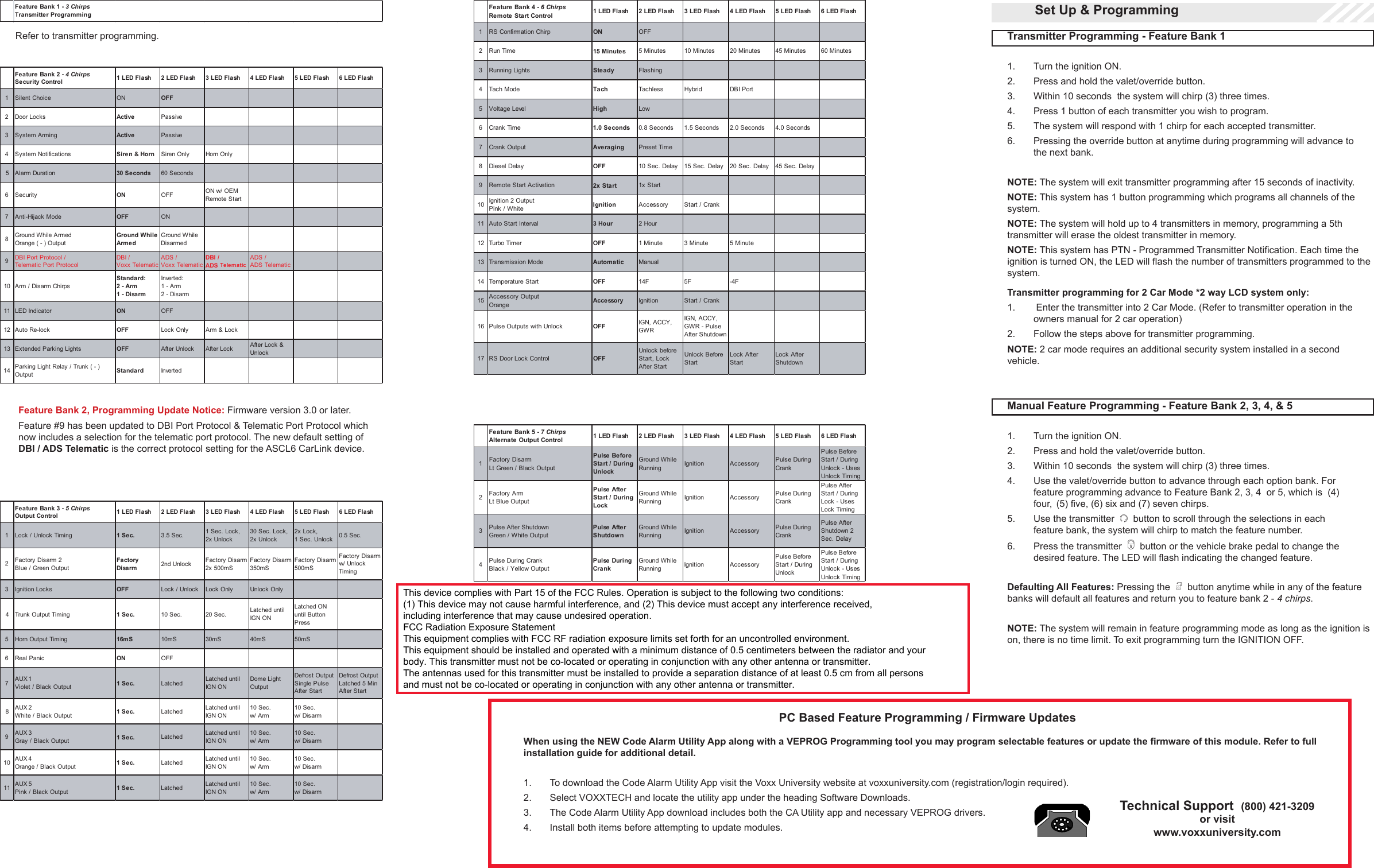 Defaulting All Features: Pressing the   button anytime while in any of the feature banks will default all features and return you to feature bank 2 - 4 chirps.NOTE: The system will remain in feature programming mode as long as the ignition is on, there is no time limit. To exit programming turn the IGNITION OFF.Manual Feature Programming - Feature Bank 2, 3, 4, &amp; 51. Turn the ignition ON.2. Press and hold the valet/override button.3. Within 10 seconds  the system will chirp (3) three times.4. Use the valet/override button to advance through each option bank. Forfeature programming advance to Feature Bank 2, 3, 4  or 5, which is  (4)four,(5)ve,(6)sixand(7)sevenchirps.5. Use the transmitter   button to scroll through the selections in eachfeature bank, the system will chirp to match the feature number.6. Press the transmitter   button or the vehicle brake pedal to change thedesiredfeature.TheLEDwillashindicatingthechangedfeature.Set Up &amp; ProgrammingTransmitter Programming - Feature Bank 11. Turn the ignition ON.2. Press and hold the valet/override button.3. Within 10 seconds  the system will chirp (3) three times.4. Press 1 button of each transmitter you wish to program.5. The system will respond with 1 chirp for each accepted transmitter.6. Pressing the override button at anytime during programming will advance tothe next bank. NOTE: The system will exit transmitter programming after 15 seconds of inactivity.NOTE: This system has 1 button programming which programs all channels of the system. NOTE: The system will hold up to 4 transmitters in memory, programming a 5th transmitter will erase the oldest transmitter in memory. NOTE:ThissystemhasPTN-ProgrammedTransmitterNotication.EachtimetheignitionisturnedON,theLEDwillashthenumberoftransmittersprogrammedtothesystem. Transmitter programming for 2 Car Mode *2 way LCD system only:1. Enter the transmitter into 2 Car Mode. (Refer to transmitter operation in theowners manual for 2 car operation)2. Follow the steps above for transmitter programming.NOTE: 2 car mode requires an additional security system installed in a second vehicle.Refer to transmitter programming.Feature Ba nk 1 - 3 ChirpsTransm itter Programming Feature Bank 2 - 4 ChirpsSecurity Control 1 LED Flash  2 LED Flash  3 LED Flash  4 LED Flash  5 LED Flash  6 LED Flash 1Silent Choice ON OFF2Door Locks Active Passive3System ArmingActive Passive4System Notifications Siren &amp; Horn Siren Only Horn Only5Alarm Duration 30 Seconds 60 Seconds6SecurityON OFFON w/ OEM Remote Start7Anti-Hijack Mode OFFON8Ground While ArmedOrange ( - ) OutputGround While ArmedGround While Disarmed9DBI Port Protocol / Telematic Port ProtocolDBI /Voxx TelematicADS /Voxx TelematicDBI / ADS TelematicADS / ADS Telematic10 Arm / Disarm ChirpsStandard: 2 - Arm1 - Disa rmInve rted:1 - Arm2 - Disarm11 LED IndicatorON OFF12 Auto Re-lock OFFLock Only Arm &amp; Lock13 Extended Parking Lights OFF  After Unlock After Lock After Lock &amp; Unlock14 Parking Light Relay / Trunk ( - ) Output Standard InvertedFeature Bank 3 - 5 ChirpsOutput Control  1 LED Flash  2 LED Flash  3 LED Flash  4 LED Flash  5 LED Flash  6 LED Flash 1Lock / Unlock Timing 1 Sec. 3.5 Sec. 1 Sec. Lock, 2x Unlock 30 Sec. Lock, 2x Unlock 2x Lock, 1 Sec. Unlock  0.5 Sec. 2Factory Disarm 2Blue / Green OutputFactory Disa rm 2nd Unlock  Factory Disarm2x 500mS  Factory Disarm350mSFactory Disarm500mSFactory Disarm w/ Unlock Timing3Ignition Locks OFFLock / Unlock  Lock Only  Unlock Only 4Trunk Output Timing1 Sec. 10 Sec.20 Sec. Latched until IGN ONLatched ON until Button Press5Horn Output Timing16mS 10mS 30mS 40mS 50mS6Real PanicON OFF7AUX 1Violet / Black Output 1 Sec. LatchedLatched until IGN ONDome Light OutputDefrost Output Single Pulse After Start Defrost Output Latched 5 Min After Start8AUX 2White / Black Output 1 Sec. LatchedLatched until IGN ON10 Sec. w/ Arm10 Sec. w/ Disarm9AUX 3Gray / Black Output 1 Sec. LatchedLatched until IGN ON10 Sec. w/ Arm10 Sec. w/ Disarm10 AUX 4Orange / Black Output 1 Sec. LatchedLatched until IGN ON10 Sec. w/ Arm10 Sec. w/ Disarm11 AUX 5Pink / Black Output 1 Sec. LatchedLatched until IGN ON10 Sec. w/ Arm10 Sec. w/ DisarmFeature Bank 4 - 6 ChirpsRemote Sta rt Control 1 LED Flash  2 LED Flash  3 LED Flash  4 LED Flash  5 LED Flash  6 LED Flash 1RS Confirmation Chirp ON OFF2Run Time 15 Minutes5 Minutes10 Minutes20 Minutes45 Minutes60 Minutes3Running LightsSteady  Flashing4Tach Mode Tach TachlessHybridDBI Port5Voltage Level High Low6Crank Time  1.0 Seconds 0.8 Seconds 1.5 Seconds 2.0 Seconds 4.0 Seconds7Crank Output Averaging  Preset Time8Diesel DelayOFF  10 Sec. Delay  15 Sec. Delay  20 Sec. Delay  45 Sec. Delay9Remote Start Activa tion 2x Sta rt 1x Start10 Ignition 2 OutputPink / White Ignition Accessory Start / Crank11 Auto Start Interval3 Hour 2 Hour12 Turbo TimerOFF1 Minute 3 Minute5 Minute13 Transmission Mode AutomaticManual14 Temperature StartOFF14F5F-4F15 Accessory OutputOrange Accessory Ignition Start / Crank16 Pulse Outputs with UnlockOFFIGN, ACCY, GWRIGN, ACCY, GWR - Pulse After Shutdown17 RS Door Lock ControlOFFUnlock before Start, Lock After StartUnlock Before StartLock After StartLock After ShutdownFeature Ba nk 5 - 7 ChirpsAlternate Output Control  1 LED Flash  2 LED Flash  3 LED Flash  4 LED Flash  5 LED Flash  6 LED Flash 1Factory DisarmLt Green / Black OutputPulse Before Start / During UnlockGround While RunningIgnition Accessory Pulse During CrankPulse Before Start / During Unlock - Uses Unlock Timing2Factory ArmLt Blue OutputPulse After Start / During LockGround While RunningIgnition Accessory Pulse During CrankPulse After Start / During Lock - Uses Lock Timing3Pulse After ShutdownGreen / White OutputPulse After ShutdownGround While RunningIgnition Accessory Pulse During CrankPulse After Shutdown 2 Sec. Delay4Pulse During CrankBlack / Yellow OutputPulse During CrankGround While RunningIgnition AccessoryPulse Before Start / During UnlockPulse Before Start / During Unlock - Uses Unlock TimingPC Based Feature Programming / Firmware UpdatesWhenusingtheNEWCodeAlarmUtilityAppalongwithaVEPROGProgrammingtoolyoumayprogramselectablefeaturesorupdatethermwareofthismodule.Refertofullinstallation guide for additional detail.1. To download the Code Alarm Utility App visit the Voxx University website at voxxuniversity.com (registration/login required).2. Select VOXXTECH and locate the utility app under the heading Software Downloads.3. The Code Alarm Utility App download includes both the CA Utility app and necessary VEPROG drivers.4. Install both items before attempting to update modules.Technical Support  (800) 421-3209or visitwww.voxxuniversity.comFeature Bank 2, Programming Update Notice: Firmware version 3.0 or later. Feature #9 has been updated to DBI Port Protocol &amp; Telematic Port Protocol which now includes a selection for the telematic port protocol. The new default setting of DBI / ADS Telematic is the correct protocol setting for the ASCL6 CarLink device.This device complies with Part 15 of the FCC Rules. Operation is subject to the following two conditions:(1) This device may not cause harmful interference, and (2) This device must accept any interference received, including interference that may cause undesired operation.FCC Radiation Exposure StatementThis equipment complies with FCC RF radiation exposure limits set forth for an uncontrolled environment. This equipment should be installed and operated with a minimum distance of 0.5 centimeters between the radiator and your body. This transmitter must not be co-located or operating in conjunction with any other antenna or transmitter.The antennas used for this transmitter must be installed to provide a separation distance of at least 0.5 cm from all persons and must not be co-located or operating in conjunction with any other antenna or transmitter.
