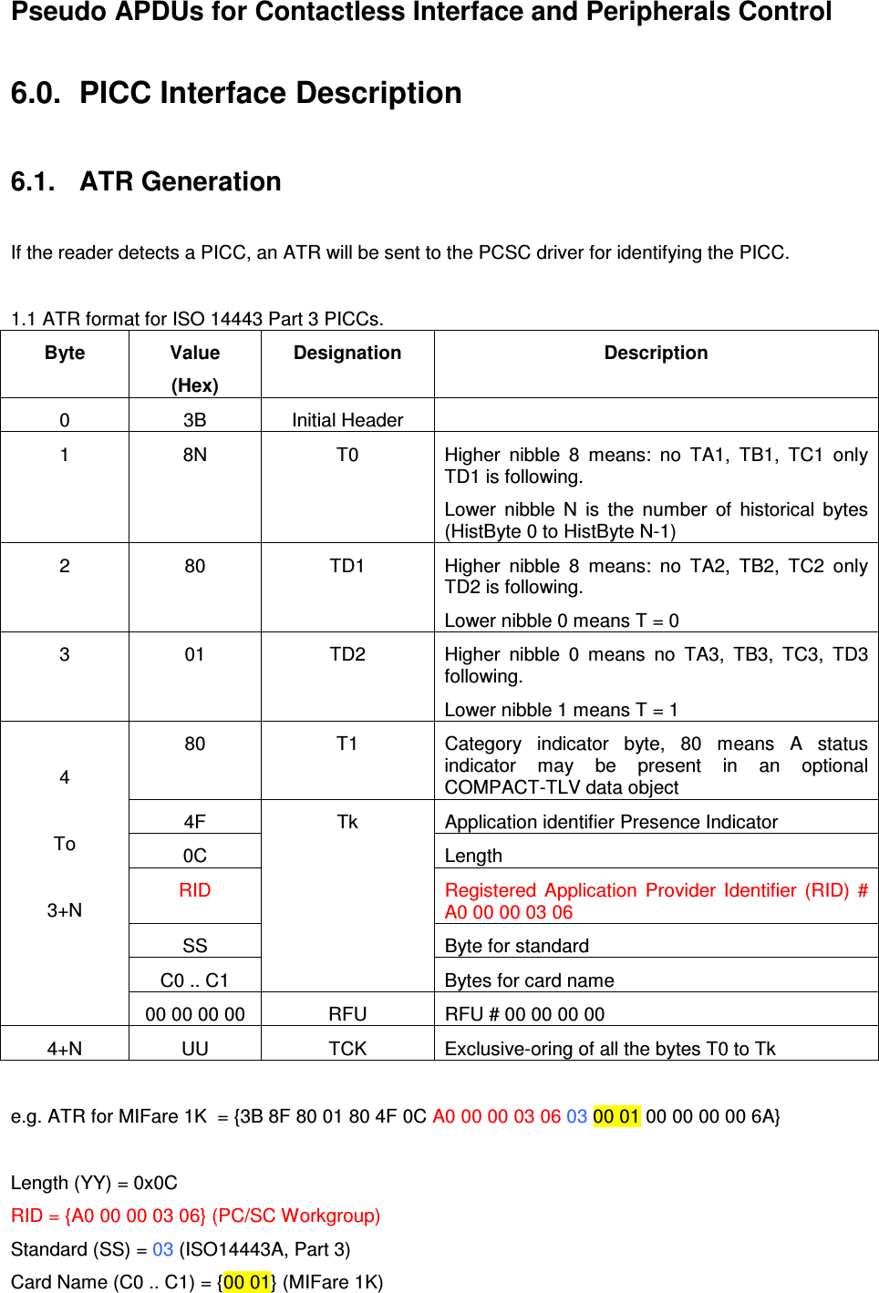   ACR122L-USB-ACSPseudo APDUs for Contactless Interface and Peripherals Control  6.0.  PICC Interface Description  6.1.  ATR Generation  If the reader detects a PICC, an ATR will be sent to the PCSC driver for identifying the PICC.  1.1 ATR format for ISO 14443 Part 3 PICCs.  Byte  Value (Hex) Designation  Description 0  3B  Initial Header   1  8N  T0  Higher  nibble  8  means:  no  TA1,  TB1,  TC1  only TD1 is following. Lower  nibble  N  is  the  number  of  historical  bytes (HistByte 0 to HistByte N-1)  2  80  TD1  Higher  nibble  8  means:  no  TA2,  TB2,  TC2  only TD2 is following. Lower nibble 0 means T = 0 3  01  TD2  Higher  nibble  0  means  no  TA3,  TB3,  TC3,  TD3 following. Lower nibble 1 means T = 1 80  T1  Category  indicator  byte,  80  means  A  status indicator  may  be  present  in  an  optional COMPACT-TLV data object 4F  Application identifier Presence Indicator 0C  Length RID  Registered  Application  Provider  Identifier  (RID)  # A0 00 00 03 06 SS  Byte for standard C0 .. C1 Tk Bytes for card name  4  To  3+N 00 00 00 00  RFU  RFU # 00 00 00 00 4+N  UU  TCK  Exclusive-oring of all the bytes T0 to Tk  e.g. ATR for MIFare 1K  = {3B 8F 80 01 80 4F 0C A0 00 00 03 06 03 00 01 00 00 00 00 6A}  Length (YY) = 0x0C RID = {A0 00 00 03 06} (PC/SC Workgroup) Standard (SS) = 03 (ISO14443A, Part 3) Card Name (C0 .. C1) = {00 01} (MIFare 1K) 