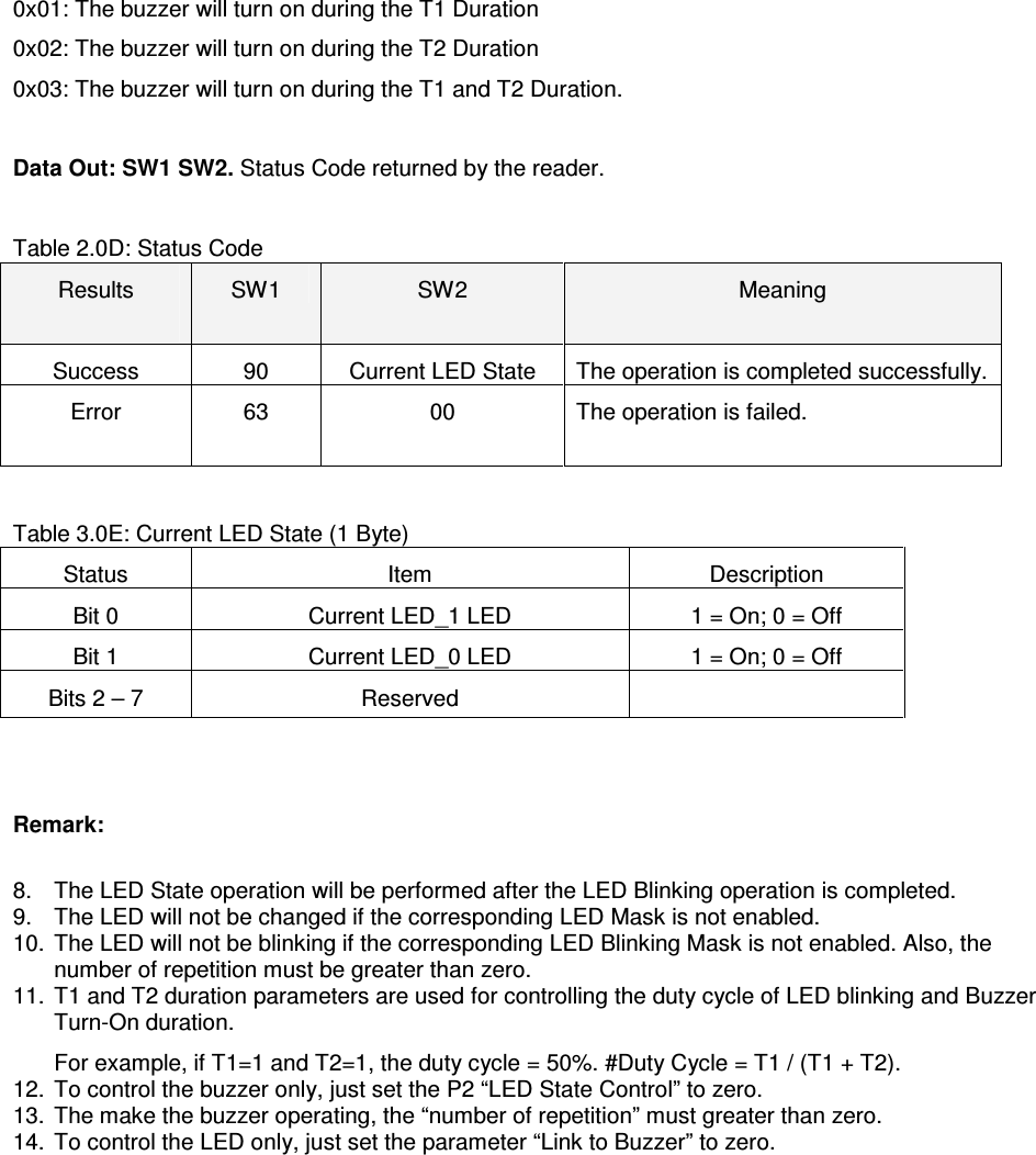   ACR122L-USB-ACS0x01: The buzzer will turn on during the T1 Duration 0x02: The buzzer will turn on during the T2 Duration 0x03: The buzzer will turn on during the T1 and T2 Duration.  Data Out: SW1 SW2. Status Code returned by the reader.  Table 2.0D: Status Code Results  SW1  SW2  Meaning Success  90  Current LED State  The operation is completed successfully. Error  63  00  The operation is failed.   Table 3.0E: Current LED State (1 Byte) Status  Item  Description Bit 0  Current LED_1 LED  1 = On; 0 = Off Bit 1  Current LED_0 LED  1 = On; 0 = Off Bits 2 – 7  Reserved     Remark:  8.  The LED State operation will be performed after the LED Blinking operation is completed. 9.  The LED will not be changed if the corresponding LED Mask is not enabled. 10.  The LED will not be blinking if the corresponding LED Blinking Mask is not enabled. Also, the number of repetition must be greater than zero. 11.  T1 and T2 duration parameters are used for controlling the duty cycle of LED blinking and Buzzer Turn-On duration.    For example, if T1=1 and T2=1, the duty cycle = 50%. #Duty Cycle = T1 / (T1 + T2). 12.  To control the buzzer only, just set the P2 “LED State Control” to zero. 13.  The make the buzzer operating, the “number of repetition” must greater than zero. 14.  To control the LED only, just set the parameter “Link to Buzzer” to zero. 