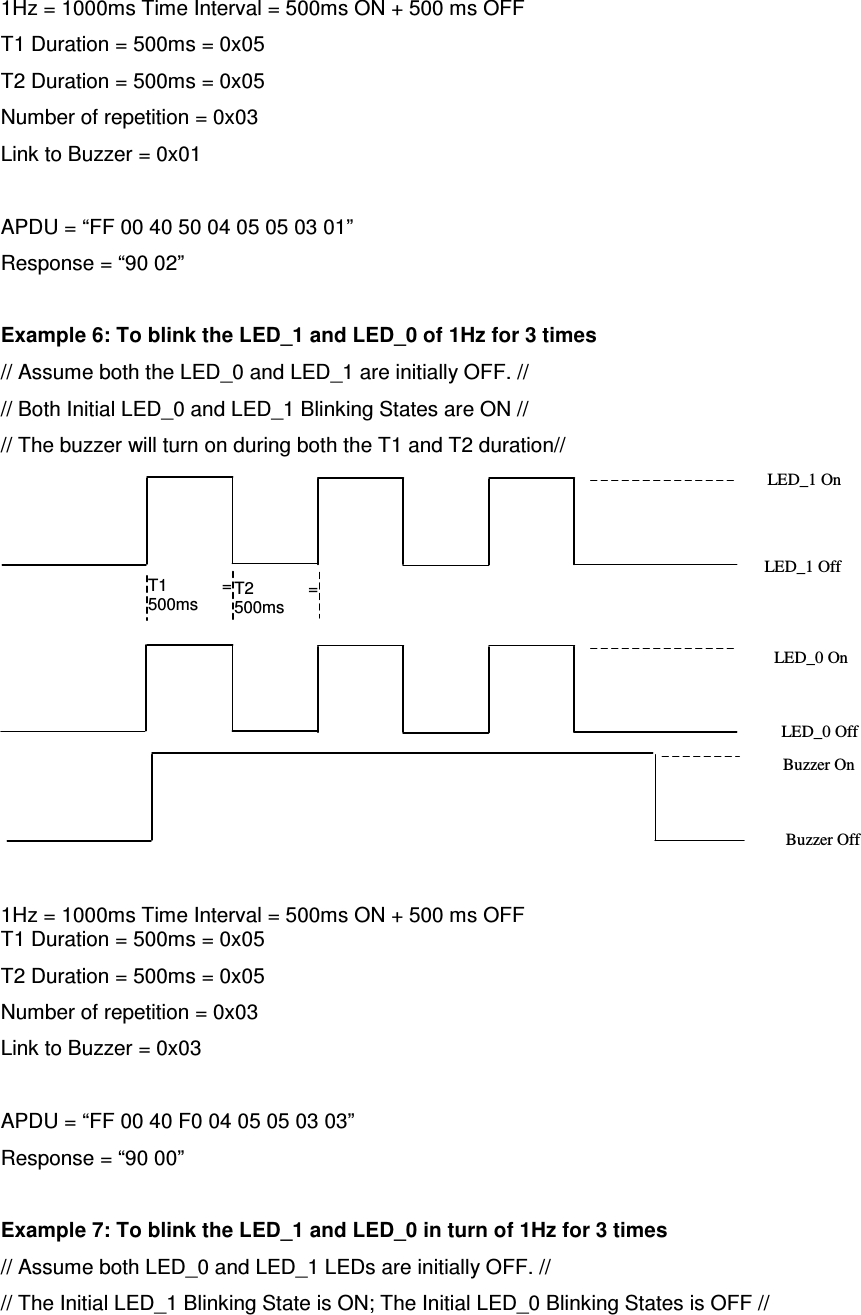   ACR122L-USB-ACS   1Hz = 1000ms Time Interval = 500ms ON + 500 ms OFF T1 Duration = 500ms = 0x05 T2 Duration = 500ms = 0x05 Number of repetition = 0x03 Link to Buzzer = 0x01  APDU = “FF 00 40 50 04 05 05 03 01” Response = “90 02”  Example 6: To blink the LED_1 and LED_0 of 1Hz for 3 times // Assume both the LED_0 and LED_1 are initially OFF. // // Both Initial LED_0 and LED_1 Blinking States are ON // // The buzzer will turn on during both the T1 and T2 duration//   1Hz = 1000ms Time Interval = 500ms ON + 500 ms OFF T1 Duration = 500ms = 0x05 T2 Duration = 500ms = 0x05 Number of repetition = 0x03 Link to Buzzer = 0x03  APDU = “FF 00 40 F0 04 05 05 03 03” Response = “90 00”  Example 7: To blink the LED_1 and LED_0 in turn of 1Hz for 3 times // Assume both LED_0 and LED_1 LEDs are initially OFF. // // The Initial LED_1 Blinking State is ON; The Initial LED_0 Blinking States is OFF // T1  = 500ms T2  = 500ms LED_1 On LED_1 Off LED_0 On LED_0 Off Buzzer On Buzzer Off 