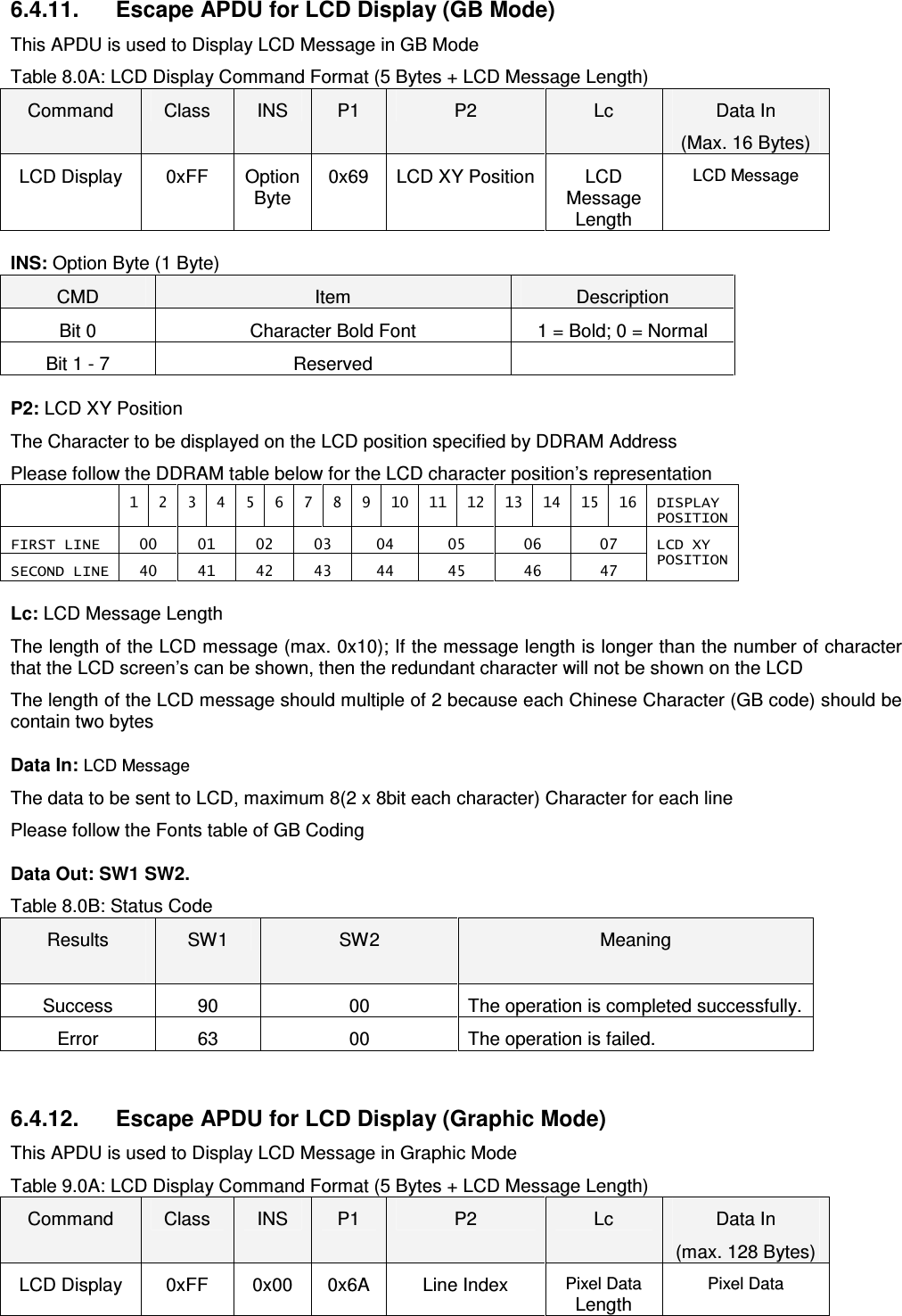   6.4.11.  Escape APDU for LCD Display (GB Mode) This APDU is used to Display LCD Message in GB Mode Table 8.0A: LCD Display Command Format (5 Bytes + LCD Message Length) Command  Class  INS  P1  P2  Lc  Data In (Max. 16 Bytes) LCD Display  0xFF  Option Byte 0x69  LCD XY Position LCD Message Length LCD Message INS: Option Byte (1 Byte) CMD  Item  Description Bit 0  Character Bold Font  1 = Bold; 0 = Normal Bit 1 - 7  Reserved   P2: LCD XY Position The Character to be displayed on the LCD position specified by DDRAM Address Please follow the DDRAM table below for the LCD character position’s representation   1  2  3  4  5  6  7  8  9  10  11  12  13  14  15  16  DISPLAY POSITION FIRST LINE  00  01  02  03  04  05  06  07 SECOND LINE  40  41  42  43  44  45  46  47 LCD XY  POSITION Lc: LCD Message Length The length of the LCD message (max. 0x10); If the message length is longer than the number of character that the LCD screen’s can be shown, then the redundant character will not be shown on the LCD The length of the LCD message should multiple of 2 because each Chinese Character (GB code) should be contain two bytes Data In: LCD Message The data to be sent to LCD, maximum 8(2 x 8bit each character) Character for each line Please follow the Fonts table of GB Coding Data Out: SW1 SW2. Table 8.0B: Status Code Results  SW1  SW2  Meaning Success  90  00  The operation is completed successfully. Error  63  00  The operation is failed.   6.4.12.  Escape APDU for LCD Display (Graphic Mode) This APDU is used to Display LCD Message in Graphic Mode Table 9.0A: LCD Display Command Format (5 Bytes + LCD Message Length) Command  Class  INS  P1  P2  Lc  Data In (max. 128 Bytes) LCD Display  0xFF  0x00  0x6A  Line Index Pixel Data Length Pixel Data 