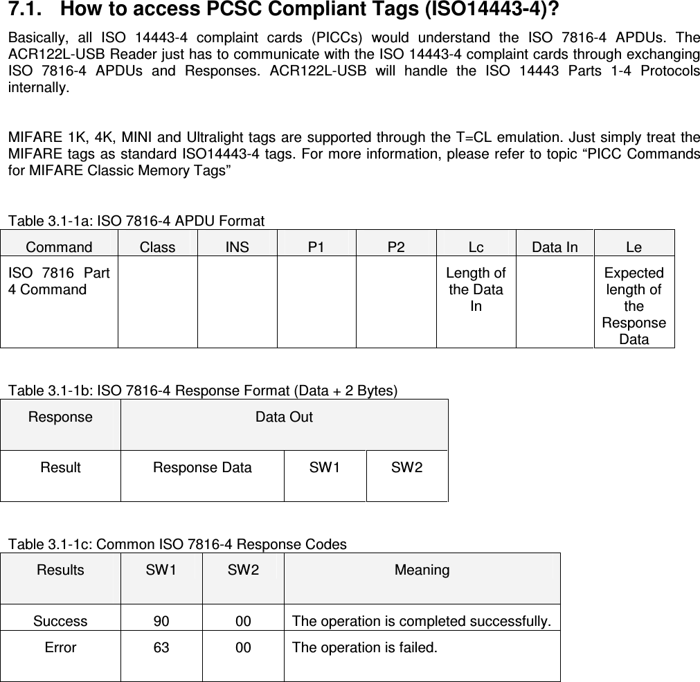   ACR122L-USB-ACS7.1.  How to access PCSC Compliant Tags (ISO14443-4)? Basically,  all  ISO  14443-4  complaint  cards  (PICCs)  would  understand  the  ISO  7816-4  APDUs.  The ACR122L-USB Reader just has to communicate with the ISO 14443-4 complaint cards through exchanging ISO  7816-4  APDUs  and  Responses.  ACR122L-USB  will  handle  the  ISO  14443  Parts  1-4  Protocols internally.  MIFARE 1K, 4K, MINI and Ultralight tags are supported through the T=CL emulation. Just simply treat the MIFARE tags as standard ISO14443-4 tags. For more information, please refer to topic “PICC Commands for MIFARE Classic Memory Tags”     Table 3.1-1a: ISO 7816-4 APDU Format  Command  Class  INS  P1  P2  Lc  Data In  Le ISO  7816  Part 4 Command          Length of the Data In   Expected length of the Response Data  Table 3.1-1b: ISO 7816-4 Response Format (Data + 2 Bytes) Response  Data Out Result  Response Data  SW1  SW2  Table 3.1-1c: Common ISO 7816-4 Response Codes Results  SW1  SW2  Meaning Success  90  00  The operation is completed successfully. Error  63  00  The operation is failed.    