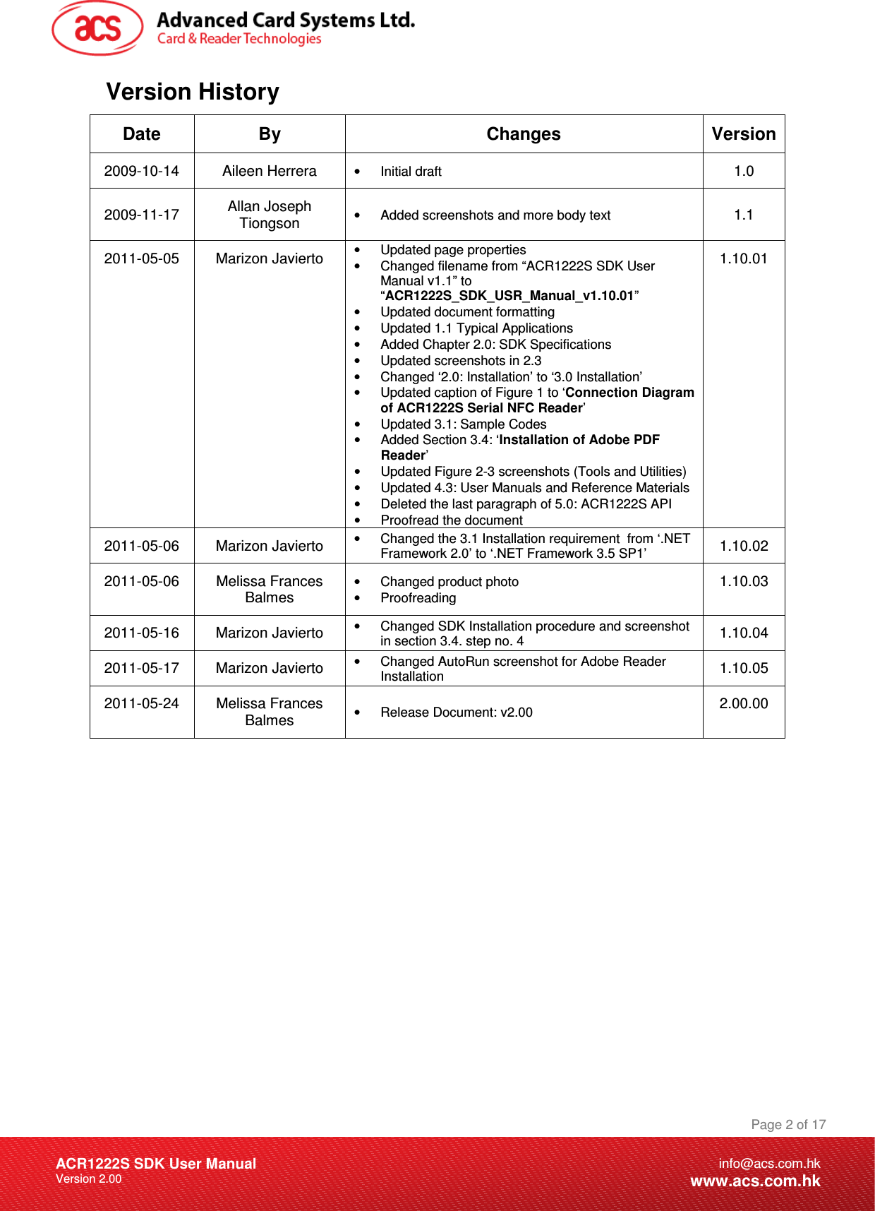 Document Title Here Document Title Here  Document Title Here ACR1222S SDK User Manual Version 2.00 Page 2 of 17info@acs.com.hkwww.acs.com.hkVersion History Date  By  Changes  Version 2009-10-14  Aileen Herrera •  Initial draft 1.0 2009-11-17  Allan Joseph Tiongson •  Added screenshots and more body text 1.1 2011-05-05  Marizon Javierto •  Updated page properties •  Changed filename from “ACR1222S SDK User Manual v1.1” to “ACR1222S_SDK_USR_Manual_v1.10.01” •  Updated document formatting •  Updated 1.1 Typical Applications •  Added Chapter 2.0: SDK Specifications •  Updated screenshots in 2.3 •  Changed ‘2.0: Installation’ to ‘3.0 Installation’ •  Updated caption of Figure 1 to ‘Connection Diagram of ACR1222S Serial NFC Reader’ •  Updated 3.1: Sample Codes •  Added Section 3.4: ‘Installation of Adobe PDF Reader’ •  Updated Figure 2-3 screenshots (Tools and Utilities) •  Updated 4.3: User Manuals and Reference Materials •  Deleted the last paragraph of 5.0: ACR1222S API •  Proofread the document 1.10.01 2011-05-06  Marizon Javierto •  Changed the 3.1 Installation requirement  from ‘.NET Framework 2.0’ to ‘.NET Framework 3.5 SP1’ 1.10.02 2011-05-06  Melissa Frances Balmes •  Changed product photo •  Proofreading 1.10.03 2011-05-16  Marizon Javierto •  Changed SDK Installation procedure and screenshot in section 3.4. step no. 4 1.10.04 2011-05-17  Marizon Javierto •  Changed AutoRun screenshot for Adobe Reader Installation 1.10.05 2011-05-24  Melissa Frances Balmes •  Release Document: v2.00 2.00.00   