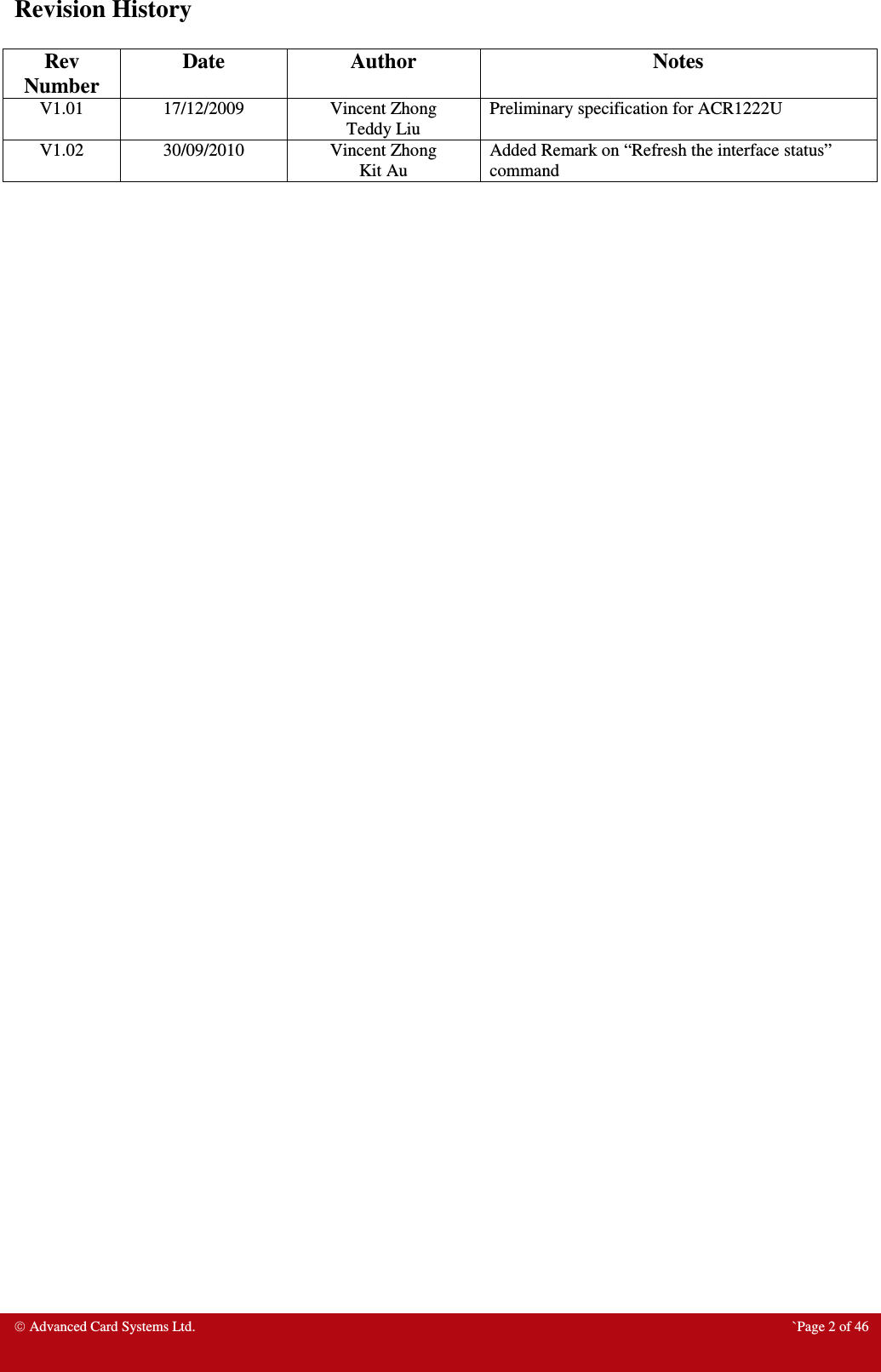  Advanced Card Systems Ltd.  `Page 2 of 46 Revision History  Rev Number Date  Author  Notes V1.01  17/12/2009  Vincent Zhong Teddy Liu Preliminary specification for ACR1222U V1.02  30/09/2010  Vincent Zhong Kit Au Added Remark on “Refresh the interface status” command        