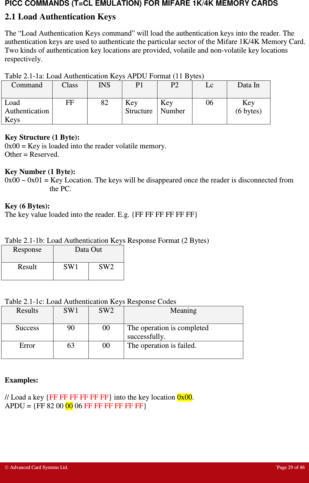  Advanced Card Systems Ltd.  `Page 29 of 46 PICC COMMANDS (T=CL EMULATION) FOR MIFARE 1K/4K MEMORY CARDS 2.1 Load Authentication Keys The “Load Authentication Keys command” will load the authentication keys into the reader. The authentication keys are used to authenticate the particular sector of the Mifare 1K/4K Memory Card. Two kinds of authentication key locations are provided, volatile and non-volatile key locations respectively.   Table 2.1-1a: Load Authentication Keys APDU Format (11 Bytes) Command  Class  INS  P1  P2  Lc  Data In Load Authentication Keys FF  82  Key Structure  Key Number 06  Key (6 bytes)  Key Structure (1 Byte): 0x00 = Key is loaded into the reader volatile memory. Other = Reserved.  Key Number (1 Byte): 0x00 ~ 0x01 = Key Location. The keys will be disappeared once the reader is disconnected from the PC.   Key (6 Bytes): The key value loaded into the reader. E.g. {FF FF FF FF FF FF}   Table 2.1-1b: Load Authentication Keys Response Format (2 Bytes) Response  Data Out  Result  SW1  SW2   Table 2.1-1c: Load Authentication Keys Response Codes Results  SW1  SW2  Meaning Success  90  00  The operation is completed successfully. Error  63  00  The operation is failed.   Examples:  // Load a key {FF FF FF FF FF FF} into the key location 0x00. APDU = {FF 82 00 00 06 FF FF FF FF FF FF}    