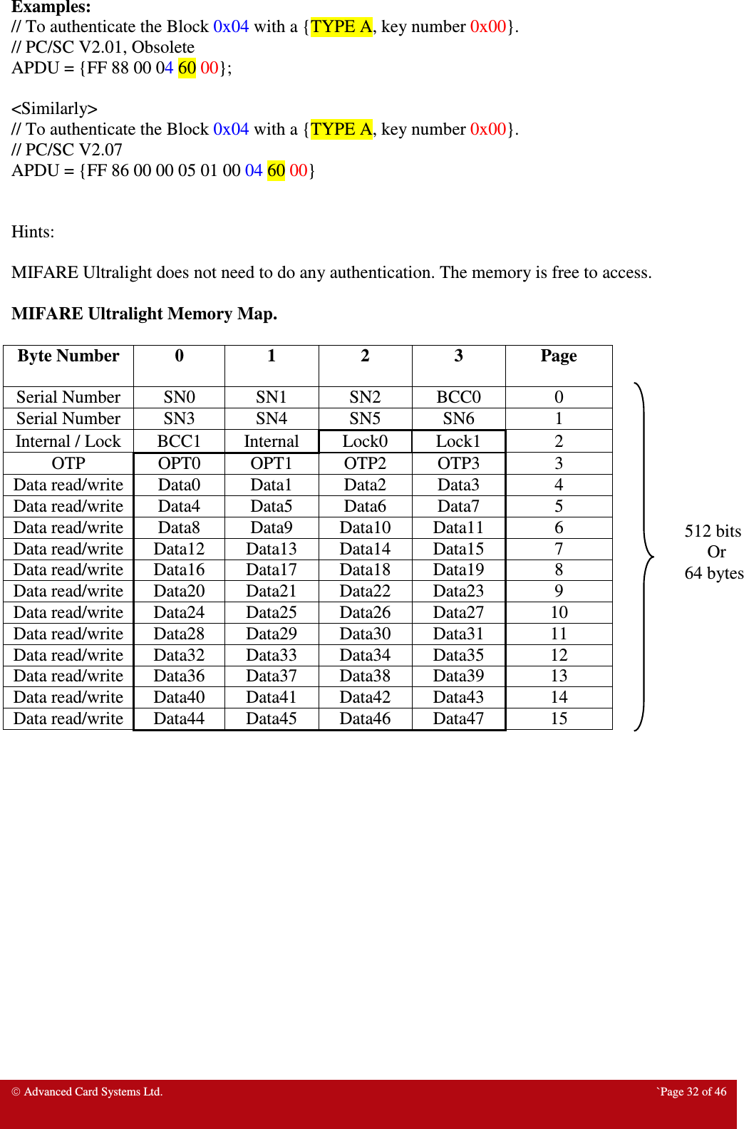  Advanced Card Systems Ltd.  `Page 32 of 46  Examples: // To authenticate the Block 0x04 with a {TYPE A, key number 0x00}. // PC/SC V2.01, Obsolete APDU = {FF 88 00 04 60 00};  &lt;Similarly&gt; // To authenticate the Block 0x04 with a {TYPE A, key number 0x00}. // PC/SC V2.07 APDU = {FF 86 00 00 05 01 00 04 60 00}   Hints:  MIFARE Ultralight does not need to do any authentication. The memory is free to access.  MIFARE Ultralight Memory Map.  Byte Number  0  1  2  3  Page Serial Number SN0  SN1  SN2  BCC0  0 Serial Number SN3  SN4  SN5  SN6  1 Internal / Lock BCC1  Internal  Lock0  Lock1  2 OTP  OPT0  OPT1  OTP2  OTP3  3 Data read/write Data0  Data1  Data2  Data3  4 Data read/write Data4  Data5  Data6  Data7  5 Data read/write Data8  Data9  Data10  Data11  6 Data read/write Data12  Data13  Data14  Data15  7 Data read/write Data16  Data17  Data18  Data19  8 Data read/write Data20  Data21  Data22  Data23  9 Data read/write Data24  Data25  Data26  Data27  10 Data read/write Data28  Data29  Data30  Data31  11 Data read/write Data32  Data33  Data34  Data35  12 Data read/write Data36  Data37  Data38  Data39  13 Data read/write Data40  Data41  Data42  Data43  14 Data read/write Data44  Data45  Data46  Data47  15  512 bits Or 64 bytes 