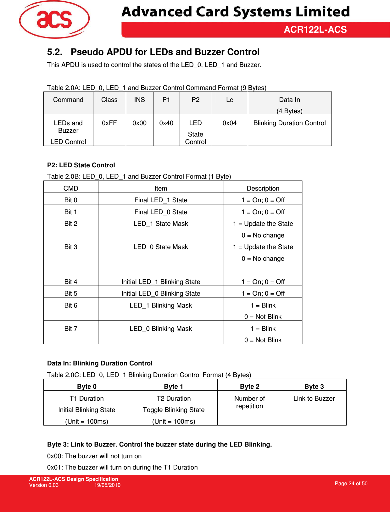 ACR122L-ACS Design Specification Version 0.03  19/05/2010 Page 24 of 50  ACR122L-ACS5.2.  Pseudo APDU for LEDs and Buzzer Control  This APDU is used to control the states of the LED_0, LED_1 and Buzzer.   Table 2.0A: LED_0, LED_1 and Buzzer Control Command Format (9 Bytes) Command  Class  INS  P1  P2  Lc  Data In (4 Bytes) LEDs and Buzzer LED Control 0xFF  0x00  0x40  LED State Control 0x04  Blinking Duration Control  P2: LED State Control Table 2.0B: LED_0, LED_1 and Buzzer Control Format (1 Byte) CMD  Item  Description Bit 0  Final LED_1 State  1 = On; 0 = Off Bit 1  Final LED_0 State  1 = On; 0 = Off Bit 2  LED_1 State Mask  1 = Update the State 0 = No change Bit 3  LED_0 State Mask  1 = Update the State 0 = No change  Bit 4  Initial LED_1 Blinking State  1 = On; 0 = Off Bit 5  Initial LED_0 Blinking State  1 = On; 0 = Off Bit 6  LED_1 Blinking Mask  1 = Blink 0 = Not Blink Bit 7  LED_0 Blinking Mask  1 = Blink 0 = Not Blink  Data In: Blinking Duration Control Table 2.0C: LED_0, LED_1 Blinking Duration Control Format (4 Bytes) Byte 0  Byte 1  Byte 2  Byte 3 T1 Duration Initial Blinking State (Unit = 100ms) T2 Duration Toggle Blinking State (Unit = 100ms) Number of repetition Link to Buzzer   Byte 3: Link to Buzzer. Control the buzzer state during the LED Blinking. 0x00: The buzzer will not turn on 0x01: The buzzer will turn on during the T1 Duration 