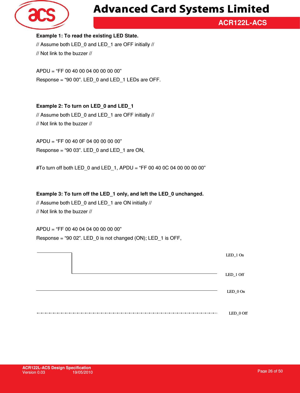 ACR122L-ACS Design Specification Version 0.03  19/05/2010 Page 26 of 50  ACR122L-ACSExample 1: To read the existing LED State. // Assume both LED_0 and LED_1 are OFF initially // // Not link to the buzzer //  APDU = “FF 00 40 00 04 00 00 00 00” Response = “90 00”. LED_0 and LED_1 LEDs are OFF.   Example 2: To turn on LED_0 and LED_1 // Assume both LED_0 and LED_1 are OFF initially // // Not link to the buzzer //  APDU = “FF 00 40 0F 04 00 00 00 00”   Response = “90 03”. LED_0 and LED_1 are ON,  #To turn off both LED_0 and LED_1, APDU = “FF 00 40 0C 04 00 00 00 00”   Example 3: To turn off the LED_1 only, and left the LED_0 unchanged. // Assume both LED_0 and LED_1 are ON initially // // Not link to the buzzer //  APDU = “FF 00 40 04 04 00 00 00 00”   Response = “90 02”. LED_0 is not changed (ON); LED_1 is OFF,   LED_1 On LED_1 Off LED_0 On LED_0 Off 