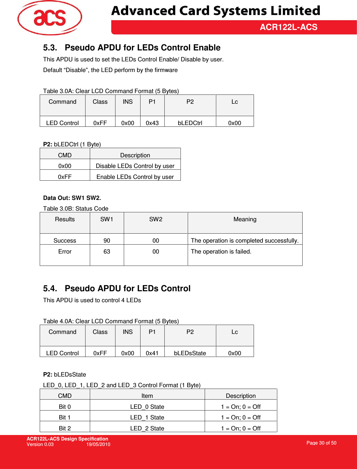 ACR122L-ACS Design Specification Version 0.03  19/05/2010 Page 30 of 50  ACR122L-ACS5.3.  Pseudo APDU for LEDs Control Enable This APDU is used to set the LEDs Control Enable/ Disable by user. Default “Disable”, the LED perform by the firmware  Table 3.0A: Clear LCD Command Format (5 Bytes) Command  Class  INS  P1  P2  Lc LED Control  0xFF  0x00  0x43  bLEDCtrl  0x00  P2: bLEDCtrl (1 Byte) CMD  Description 0x00  Disable LEDs Control by user 0xFF  Enable LEDs Control by user  Data Out: SW1 SW2. Table 3.0B: Status Code Results  SW1  SW2  Meaning Success  90  00  The operation is completed successfully. Error  63  00  The operation is failed.   5.4.  Pseudo APDU for LEDs Control This APDU is used to control 4 LEDs  Table 4.0A: Clear LCD Command Format (5 Bytes) Command  Class  INS  P1  P2  Lc LED Control  0xFF  0x00  0x41  bLEDsState  0x00  P2: bLEDsState LED_0, LED_1, LED_2 and LED_3 Control Format (1 Byte) CMD  Item  Description Bit 0  LED_0 State  1 = On; 0 = Off Bit 1  LED_1 State  1 = On; 0 = Off Bit 2  LED_2 State  1 = On; 0 = Off 