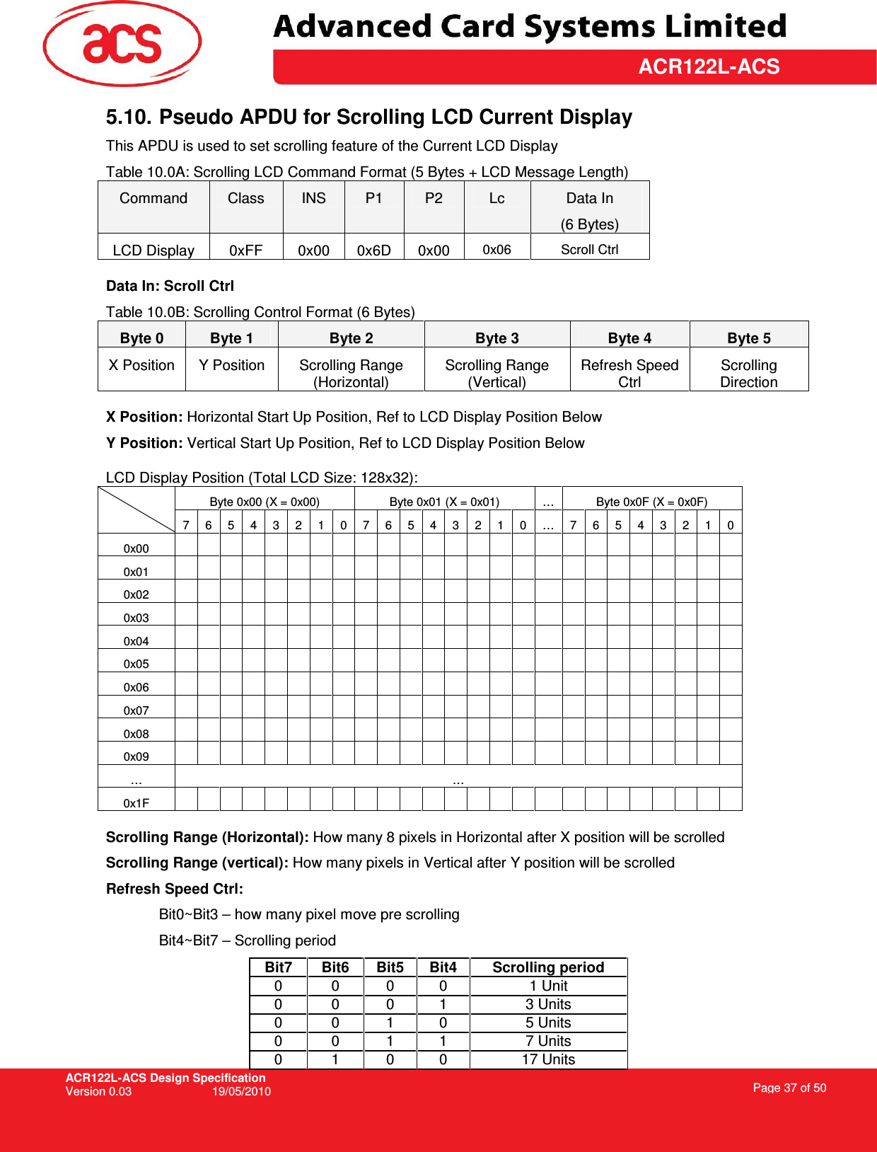 ACR122L-ACS Design Specification Version 0.03  19/05/2010 Page 37 of 50  ACR122L-ACS5.10. Pseudo APDU for Scrolling LCD Current Display This APDU is used to set scrolling feature of the Current LCD Display Table 10.0A: Scrolling LCD Command Format (5 Bytes + LCD Message Length) Command  Class  INS  P1  P2  Lc  Data In (6 Bytes) LCD Display  0xFF  0x00  0x6D  0x00 0x06 Scroll Ctrl Data In: Scroll Ctrl Table 10.0B: Scrolling Control Format (6 Bytes) Byte 0  Byte 1  Byte 2  Byte 3  Byte 4  Byte 5 X Position  Y Position  Scrolling Range (Horizontal) Scrolling Range (Vertical) Refresh Speed Ctrl Scrolling Direction X Position: Horizontal Start Up Position, Ref to LCD Display Position Below Y Position: Vertical Start Up Position, Ref to LCD Display Position Below LCD Display Position (Total LCD Size: 128x32):  Byte 0x00 (X = 0x00)  Byte 0x01 (X = 0x01)  …  Byte 0x0F (X = 0x0F)   7  6  5  4  3  2  1  0  7  6  5  4  3  2  1  0  …  7  6  5  4  3  2  1  0 0x00                            0x01                            0x02                            0x03                            0x04                            0x05                            0x06                            0x07                            0x08                            0x09                            …  … 0x1F                            Scrolling Range (Horizontal): How many 8 pixels in Horizontal after X position will be scrolled Scrolling Range (vertical): How many pixels in Vertical after Y position will be scrolled Refresh Speed Ctrl:  Bit0~Bit3 – how many pixel move pre scrolling Bit4~Bit7 – Scrolling period Bit7  Bit6  Bit5  Bit4  Scrolling period 0   0   0   0   1 Unit  0   0   0   1   3 Units  0   0   1   0   5 Units  0   0   1   1   7 Units  0   1   0   0   17 Units  