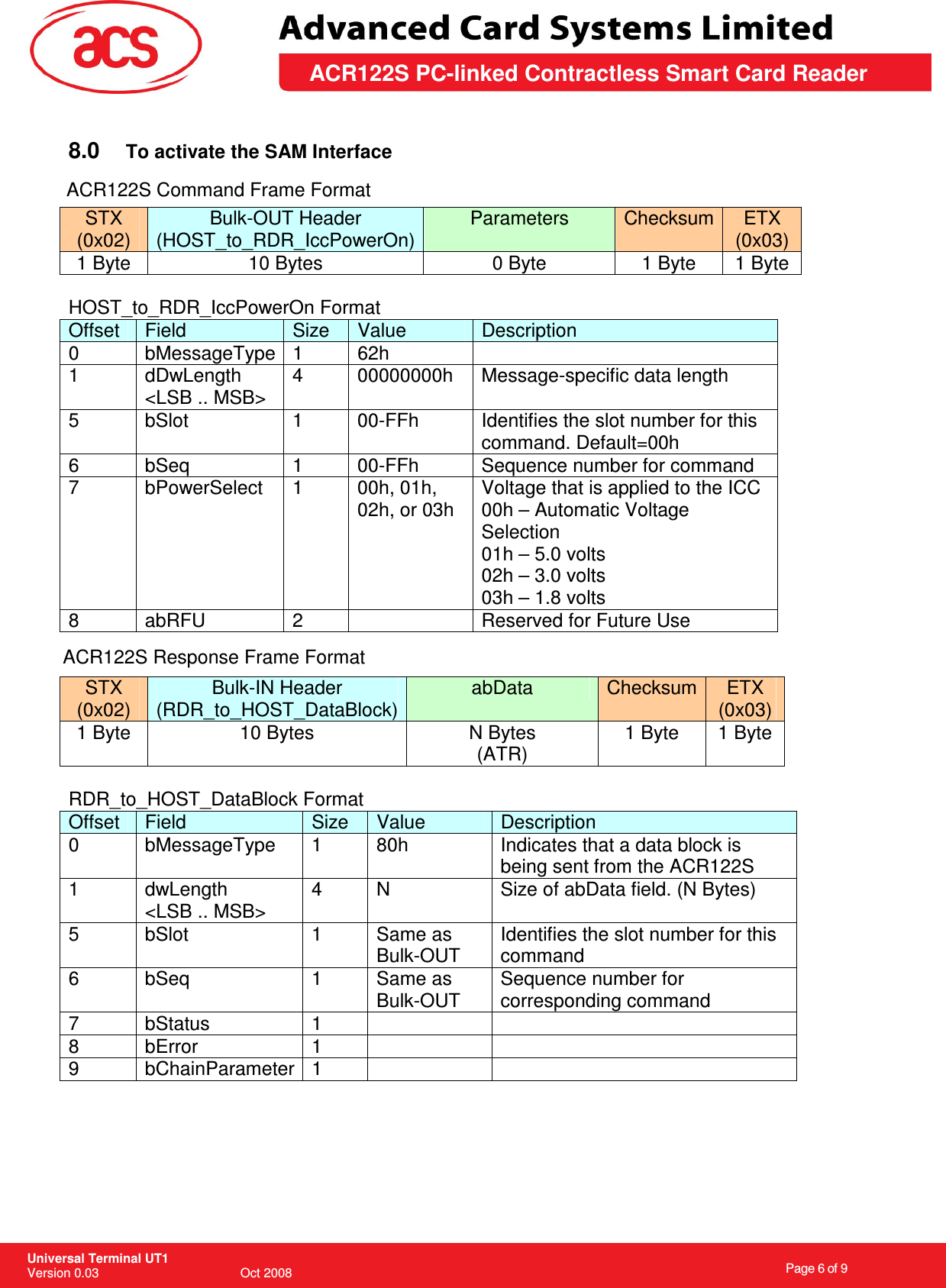                                                                    Page 6 of 9  Universal Terminal UT1 Version 0.03                                        Oct 2008 \       ACR122S PC-linked Contractless Smart Card Reader  8.0  To activate the SAM Interface   STX (0x02) Bulk-OUT Header (HOST_to_RDR_IccPowerOn) Parameters  Checksum ETX (0x03) 1 Byte  10 Bytes  0 Byte  1 Byte  1 Byte  HOST_to_RDR_IccPowerOn Format Offset  Field  Size  Value  Description 0  bMessageType 1  62h   1  dDwLength &lt;LSB .. MSB&gt; 4  00000000h  Message-specific data length 5  bSlot  1  00-FFh  Identifies the slot number for this command. Default=00h 6  bSeq  1  00-FFh  Sequence number for command 7  bPowerSelect  1  00h, 01h, 02h, or 03h Voltage that is applied to the ICC 00h – Automatic Voltage Selection 01h – 5.0 volts 02h – 3.0 volts 03h – 1.8 volts 8  abRFU  2    Reserved for Future Use  STX (0x02) Bulk-IN Header (RDR_to_HOST_DataBlock) abData  Checksum  ETX (0x03) 1 Byte  10 Bytes  N Bytes (ATR) 1 Byte  1 Byte  RDR_to_HOST_DataBlock Format Offset  Field  Size  Value  Description 0  bMessageType  1  80h  Indicates that a data block is being sent from the ACR122S 1  dwLength &lt;LSB .. MSB&gt; 4  N  Size of abData field. (N Bytes) 5  bSlot  1  Same as Bulk-OUT Identifies the slot number for this command 6  bSeq  1  Same as Bulk-OUT Sequence number for corresponding command 7  bStatus  1     8  bError  1     9  bChainParameter 1         ACR122S Command Frame FormatACR122S Response Frame Format