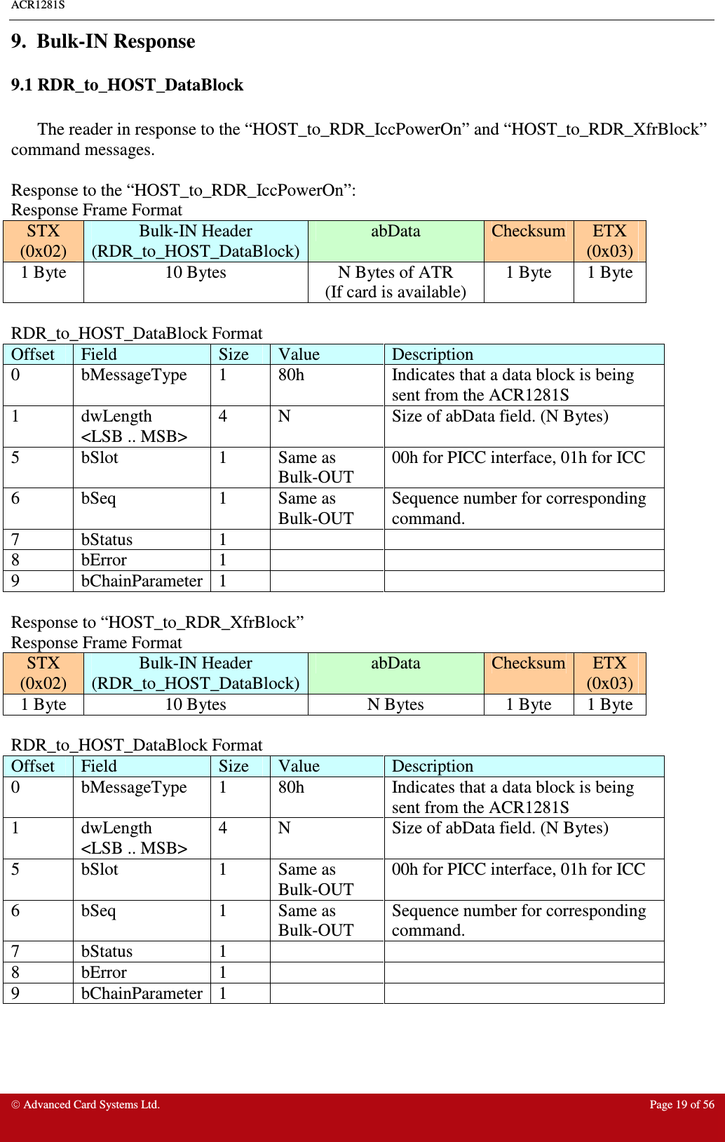 ACR1281S    Advanced Card Systems Ltd.  Page 19 of 56  9.  Bulk-IN Response 9.1 RDR_to_HOST_DataBlock  The reader in response to the “HOST_to_RDR_IccPowerOn” and “HOST_to_RDR_XfrBlock” command messages.  Response to the “HOST_to_RDR_IccPowerOn”: Response Frame Format STX (0x02) Bulk-IN Header (RDR_to_HOST_DataBlock) abData  Checksum ETX (0x03) 1 Byte  10 Bytes  N Bytes of ATR (If card is available) 1 Byte  1 Byte  RDR_to_HOST_DataBlock Format Offset  Field  Size  Value  Description 0  bMessageType  1  80h  Indicates that a data block is being sent from the ACR1281S 1  dwLength &lt;LSB .. MSB&gt; 4  N  Size of abData field. (N Bytes) 5  bSlot  1  Same as Bulk-OUT 00h for PICC interface, 01h for ICC  6  bSeq  1  Same as Bulk-OUT Sequence number for corresponding command. 7  bStatus  1     8  bError  1     9  bChainParameter 1      Response to “HOST_to_RDR_XfrBlock” Response Frame Format STX (0x02) Bulk-IN Header (RDR_to_HOST_DataBlock) abData  Checksum ETX (0x03) 1 Byte  10 Bytes  N Bytes  1 Byte  1 Byte  RDR_to_HOST_DataBlock Format Offset  Field  Size  Value  Description 0  bMessageType  1  80h  Indicates that a data block is being sent from the ACR1281S 1  dwLength &lt;LSB .. MSB&gt; 4  N  Size of abData field. (N Bytes) 5  bSlot  1  Same as Bulk-OUT 00h for PICC interface, 01h for ICC  6  bSeq  1  Same as Bulk-OUT Sequence number for corresponding command. 7  bStatus  1     8  bError  1     9  bChainParameter 1     