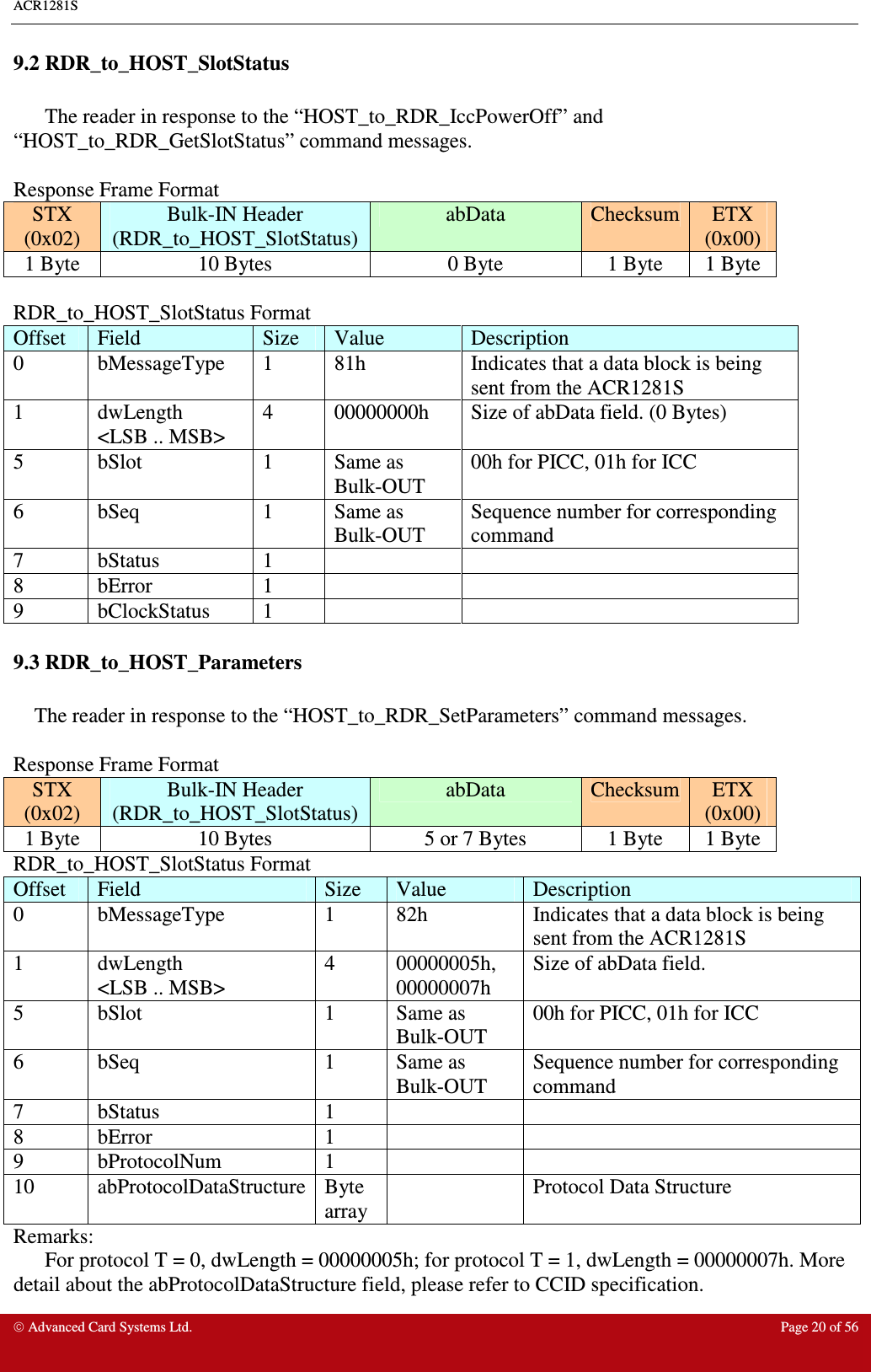 ACR1281S    Advanced Card Systems Ltd.  Page 20 of 56  9.2 RDR_to_HOST_SlotStatus  The reader in response to the “HOST_to_RDR_IccPowerOff” and “HOST_to_RDR_GetSlotStatus” command messages.  Response Frame Format STX (0x02) Bulk-IN Header (RDR_to_HOST_SlotStatus) abData  Checksum ETX (0x00) 1 Byte  10 Bytes  0 Byte  1 Byte  1 Byte  RDR_to_HOST_SlotStatus Format Offset  Field  Size  Value  Description 0  bMessageType  1  81h  Indicates that a data block is being sent from the ACR1281S 1  dwLength &lt;LSB .. MSB&gt; 4  00000000h  Size of abData field. (0 Bytes) 5  bSlot  1  Same as Bulk-OUT 00h for PICC, 01h for ICC 6  bSeq  1  Same as Bulk-OUT Sequence number for corresponding command 7  bStatus  1     8  bError  1     9  bClockStatus  1     9.3 RDR_to_HOST_Parameters      The reader in response to the “HOST_to_RDR_SetParameters” command messages.  Response Frame Format STX (0x02) Bulk-IN Header (RDR_to_HOST_SlotStatus) abData  Checksum ETX (0x00) 1 Byte  10 Bytes  5 or 7 Bytes  1 Byte  1 Byte RDR_to_HOST_SlotStatus Format Offset  Field  Size  Value  Description 0  bMessageType  1  82h  Indicates that a data block is being sent from the ACR1281S 1  dwLength &lt;LSB .. MSB&gt; 4  00000005h, 00000007h Size of abData field.  5  bSlot  1  Same as Bulk-OUT 00h for PICC, 01h for ICC 6  bSeq  1  Same as Bulk-OUT Sequence number for corresponding command 7  bStatus  1     8  bError  1     9  bProtocolNum  1     10  abProtocolDataStructure Byte array   Protocol Data Structure Remarks:  For protocol T = 0, dwLength = 00000005h; for protocol T = 1, dwLength = 00000007h. More detail about the abProtocolDataStructure field, please refer to CCID specification. 