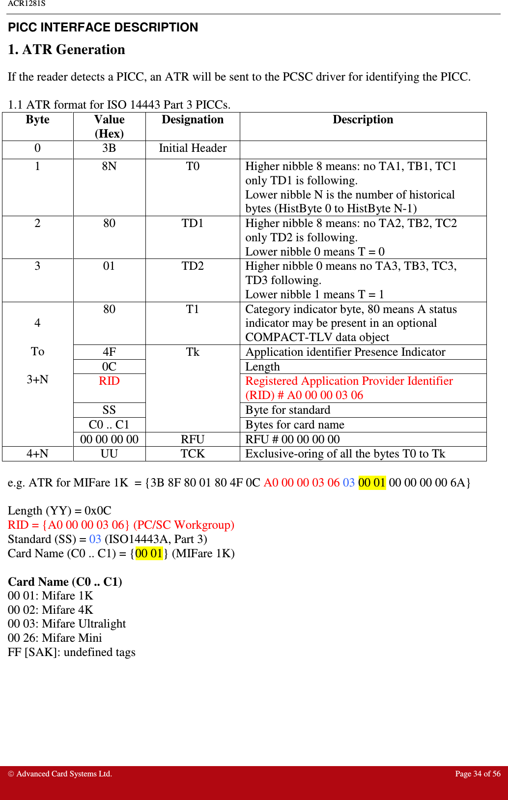 ACR1281S    Advanced Card Systems Ltd.  Page 34 of 56  PICC INTERFACE DESCRIPTION 1. ATR Generation If the reader detects a PICC, an ATR will be sent to the PCSC driver for identifying the PICC.  1.1 ATR format for ISO 14443 Part 3 PICCs.  Byte  Value (Hex) Designation  Description 0  3B  Initial Header   1  8N  T0  Higher nibble 8 means: no TA1, TB1, TC1 only TD1 is following. Lower nibble N is the number of historical bytes (HistByte 0 to HistByte N-1)  2  80  TD1  Higher nibble 8 means: no TA2, TB2, TC2 only TD2 is following. Lower nibble 0 means T = 0 3  01  TD2  Higher nibble 0 means no TA3, TB3, TC3, TD3 following. Lower nibble 1 means T = 1 80  T1  Category indicator byte, 80 means A status indicator may be present in an optional COMPACT-TLV data object 4F  Application identifier Presence Indicator 0C  Length RID  Registered Application Provider Identifier (RID) # A0 00 00 03 06 SS  Byte for standard C0 .. C1 Tk Bytes for card name  4  To  3+N 00 00 00 00  RFU  RFU # 00 00 00 00 4+N  UU  TCK  Exclusive-oring of all the bytes T0 to Tk  e.g. ATR for MIFare 1K  = {3B 8F 80 01 80 4F 0C A0 00 00 03 06 03 00 01 00 00 00 00 6A}  Length (YY) = 0x0C RID = {A0 00 00 03 06} (PC/SC Workgroup) Standard (SS) = 03 (ISO14443A, Part 3) Card Name (C0 .. C1) = {00 01} (MIFare 1K)  Card Name (C0 .. C1) 00 01: Mifare 1K 00 02: Mifare 4K 00 03: Mifare Ultralight 00 26: Mifare Mini FF [SAK]: undefined tags 