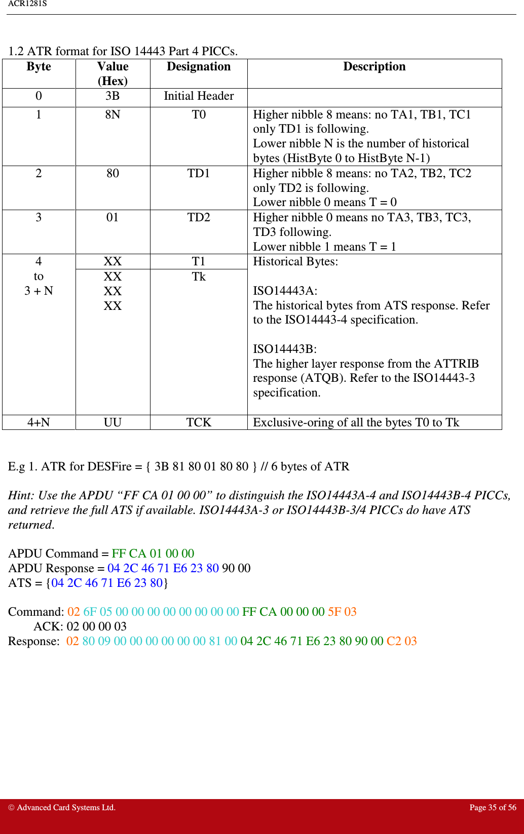 ACR1281S     Advanced Card Systems Ltd.  Page 35 of 56  1.2 ATR format for ISO 14443 Part 4 PICCs.  Byte  Value (Hex) Designation  Description 0  3B  Initial Header   1  8N  T0  Higher nibble 8 means: no TA1, TB1, TC1 only TD1 is following. Lower nibble N is the number of historical bytes (HistByte 0 to HistByte N-1)  2  80  TD1  Higher nibble 8 means: no TA2, TB2, TC2 only TD2 is following. Lower nibble 0 means T = 0 3  01  TD2  Higher nibble 0 means no TA3, TB3, TC3, TD3 following. Lower nibble 1 means T = 1 XX  T1 4 to 3 + N XX XX XX Tk Historical Bytes:  ISO14443A: The historical bytes from ATS response. Refer to the ISO14443-4 specification.  ISO14443B: The higher layer response from the ATTRIB response (ATQB). Refer to the ISO14443-3 specification.  4+N  UU  TCK  Exclusive-oring of all the bytes T0 to Tk   E.g 1. ATR for DESFire = { 3B 81 80 01 80 80 } // 6 bytes of ATR  Hint: Use the APDU “FF CA 01 00 00” to distinguish the ISO14443A-4 and ISO14443B-4 PICCs, and retrieve the full ATS if available. ISO14443A-3 or ISO14443B-3/4 PICCs do have ATS returned.  APDU Command = FF CA 01 00 00 APDU Response = 04 2C 46 71 E6 23 80 90 00 ATS = {04 2C 46 71 E6 23 80}  Command: 02 6F 05 00 00 00 00 00 00 00 00 FF CA 00 00 00 5F 03 ACK: 02 00 00 03   Response:  02 80 09 00 00 00 00 00 00 81 00 04 2C 46 71 E6 23 80 90 00 C2 03  