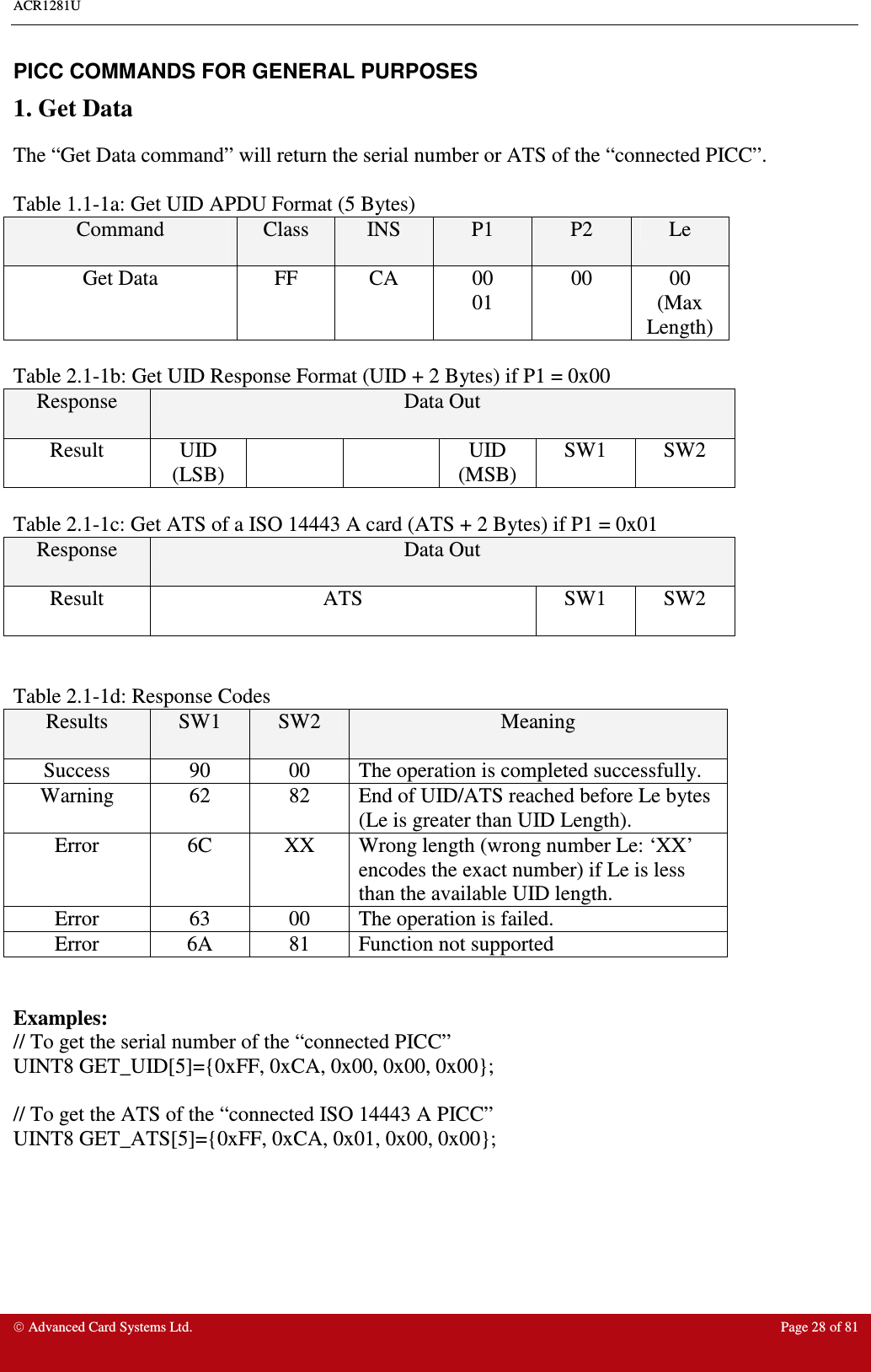 ACR1281U     Advanced Card Systems Ltd.  Page 28 of 81  PICC COMMANDS FOR GENERAL PURPOSES 1. Get Data The “Get Data command” will return the serial number or ATS of the “connected PICC”.   Table 1.1-1a: Get UID APDU Format (5 Bytes) Command  Class  INS  P1  P2  Le Get Data  FF  CA  00 01 00  00 (Max Length)  Table 2.1-1b: Get UID Response Format (UID + 2 Bytes) if P1 = 0x00 Response  Data Out Result  UID (LSB)     UID (MSB) SW1  SW2  Table 2.1-1c: Get ATS of a ISO 14443 A card (ATS + 2 Bytes) if P1 = 0x01 Response  Data Out Result  ATS  SW1  SW2   Table 2.1-1d: Response Codes Results  SW1  SW2  Meaning Success  90  00  The operation is completed successfully. Warning  62  82  End of UID/ATS reached before Le bytes (Le is greater than UID Length).  Error  6C  XX  Wrong length (wrong number Le: ‘XX’ encodes the exact number) if Le is less than the available UID length. Error  63  00  The operation is failed. Error  6A  81  Function not supported   Examples: // To get the serial number of the “connected PICC” UINT8 GET_UID[5]={0xFF, 0xCA, 0x00, 0x00, 0x00};   // To get the ATS of the “connected ISO 14443 A PICC” UINT8 GET_ATS[5]={0xFF, 0xCA, 0x01, 0x00, 0x00};      