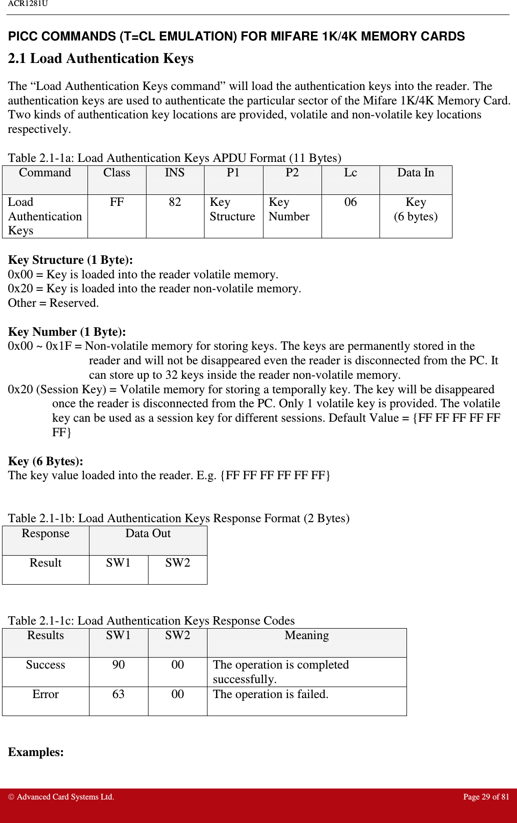 ACR1281U     Advanced Card Systems Ltd.  Page 29 of 81 PICC COMMANDS (T=CL EMULATION) FOR MIFARE 1K/4K MEMORY CARDS 2.1 Load Authentication Keys The “Load Authentication Keys command” will load the authentication keys into the reader. The authentication keys are used to authenticate the particular sector of the Mifare 1K/4K Memory Card. Two kinds of authentication key locations are provided, volatile and non-volatile key locations respectively.   Table 2.1-1a: Load Authentication Keys APDU Format (11 Bytes) Command  Class  INS  P1  P2  Lc  Data In Load Authentication Keys FF  82  Key Structure  Key Number 06  Key (6 bytes)  Key Structure (1 Byte): 0x00 = Key is loaded into the reader volatile memory. 0x20 = Key is loaded into the reader non-volatile memory. Other = Reserved.  Key Number (1 Byte): 0x00 ~ 0x1F = Non-volatile memory for storing keys. The keys are permanently stored in the reader and will not be disappeared even the reader is disconnected from the PC. It can store up to 32 keys inside the reader non-volatile memory.  0x20 (Session Key) = Volatile memory for storing a temporally key. The key will be disappeared once the reader is disconnected from the PC. Only 1 volatile key is provided. The volatile key can be used as a session key for different sessions. Default Value = {FF FF FF FF FF FF}  Key (6 Bytes): The key value loaded into the reader. E.g. {FF FF FF FF FF FF}   Table 2.1-1b: Load Authentication Keys Response Format (2 Bytes) Response  Data Out  Result  SW1  SW2   Table 2.1-1c: Load Authentication Keys Response Codes Results  SW1  SW2  Meaning Success  90  00  The operation is completed successfully. Error  63  00  The operation is failed.   Examples:  