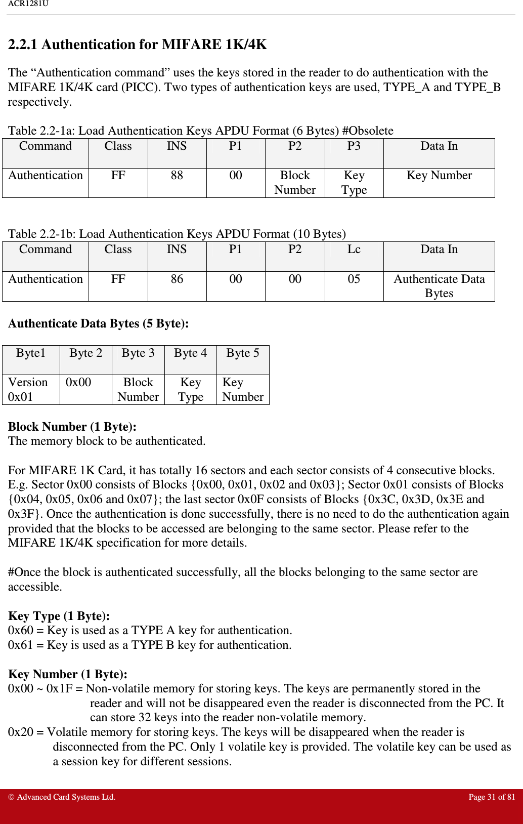 ACR1281U     Advanced Card Systems Ltd.  Page 31 of 81  2.2.1 Authentication for MIFARE 1K/4K The “Authentication command” uses the keys stored in the reader to do authentication with the MIFARE 1K/4K card (PICC). Two types of authentication keys are used, TYPE_A and TYPE_B respectively.    Table 2.2-1a: Load Authentication Keys APDU Format (6 Bytes) #Obsolete Command  Class  INS  P1  P2  P3  Data In  Authentication  FF  88  00  Block Number Key Type Key Number   Table 2.2-1b: Load Authentication Keys APDU Format (10 Bytes)  Command  Class  INS  P1  P2  Lc  Data In  Authentication  FF  86  00  00  05  Authenticate Data Bytes  Authenticate Data Bytes (5 Byte):  Byte1  Byte 2  Byte 3  Byte 4  Byte 5 Version 0x01 0x00  Block Number Key Type Key Number  Block Number (1 Byte): The memory block to be authenticated.   For MIFARE 1K Card, it has totally 16 sectors and each sector consists of 4 consecutive blocks. E.g. Sector 0x00 consists of Blocks {0x00, 0x01, 0x02 and 0x03}; Sector 0x01 consists of Blocks {0x04, 0x05, 0x06 and 0x07}; the last sector 0x0F consists of Blocks {0x3C, 0x3D, 0x3E and 0x3F}. Once the authentication is done successfully, there is no need to do the authentication again provided that the blocks to be accessed are belonging to the same sector. Please refer to the MIFARE 1K/4K specification for more details.   #Once the block is authenticated successfully, all the blocks belonging to the same sector are accessible.  Key Type (1 Byte): 0x60 = Key is used as a TYPE A key for authentication. 0x61 = Key is used as a TYPE B key for authentication.  Key Number (1 Byte): 0x00 ~ 0x1F = Non-volatile memory for storing keys. The keys are permanently stored in the reader and will not be disappeared even the reader is disconnected from the PC. It can store 32 keys into the reader non-volatile memory.  0x20 = Volatile memory for storing keys. The keys will be disappeared when the reader is disconnected from the PC. Only 1 volatile key is provided. The volatile key can be used as a session key for different sessions.  