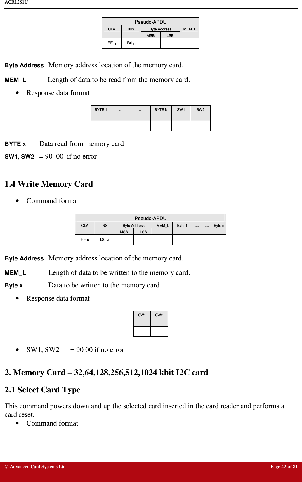 ACR1281U     Advanced Card Systems Ltd.  Page 42 of 81 Pseudo-APDU Byte Address CLA  INS MSB  LSB MEM_L FF H  B0 H        Byte Address Memory address location of the memory card. MEM_L       Length of data to be read from the memory card. •  Response data format   BYTE 1  …  …  BYTE N  SW1  SW2                        BYTE x Data read from memory card SW1, SW2 = 90  00  if no error  1.4 Write Memory Card  •  Command format   Pseudo-APDU Byte Address CLA  INS MSB  LSB MEM_L  Byte 1  ....  ....  Byte n FF H  D0 H                Byte Address Memory address location of the memory card. MEM_L    Length of data to be written to the memory card. Byte x    Data to be written to the memory card. •  Response data format   SW1  SW2        •  SW1, SW2  = 90 00 if no error  2. Memory Card – 32,64,128,256,512,1024 kbit I2C card 2.1 Select Card Type This command powers down and up the selected card inserted in the card reader and performs a card reset. •  Command format   