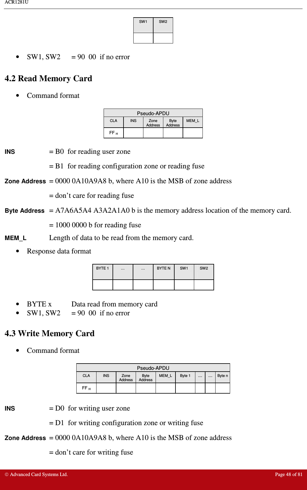 ACR1281U     Advanced Card Systems Ltd.  Page 48 of 81 SW1  SW2        •  SW1, SW2  = 90  00  if no error  4.2 Read Memory Card •  Command format   Pseudo-APDU CLA  INS  Zone Address Byte Address MEM_L FF H          INS    = B0  for reading user zone     = B1  for reading configuration zone or reading fuse Zone Address = 0000 0A10A9A8 b, where A10 is the MSB of zone address     = don’t care for reading fuse Byte Address = A7A6A5A4 A3A2A1A0 b is the memory address location of the memory card.     = 1000 0000 b for reading fuse MEM_L    Length of data to be read from the memory card. •  Response data format   BYTE 1  …  …  BYTE N  SW1  SW2                        •  BYTE x  Data read from memory card •  SW1, SW2  = 90  00  if no error  4.3 Write Memory Card •  Command format   Pseudo-APDU CLA  INS  Zone Address Byte Address MEM_L  Byte 1  ....  ....  Byte n FF H                  INS    = D0  for writing user zone     = D1  for writing configuration zone or writing fuse Zone Address = 0000 0A10A9A8 b, where A10 is the MSB of zone address     = don’t care for writing fuse 