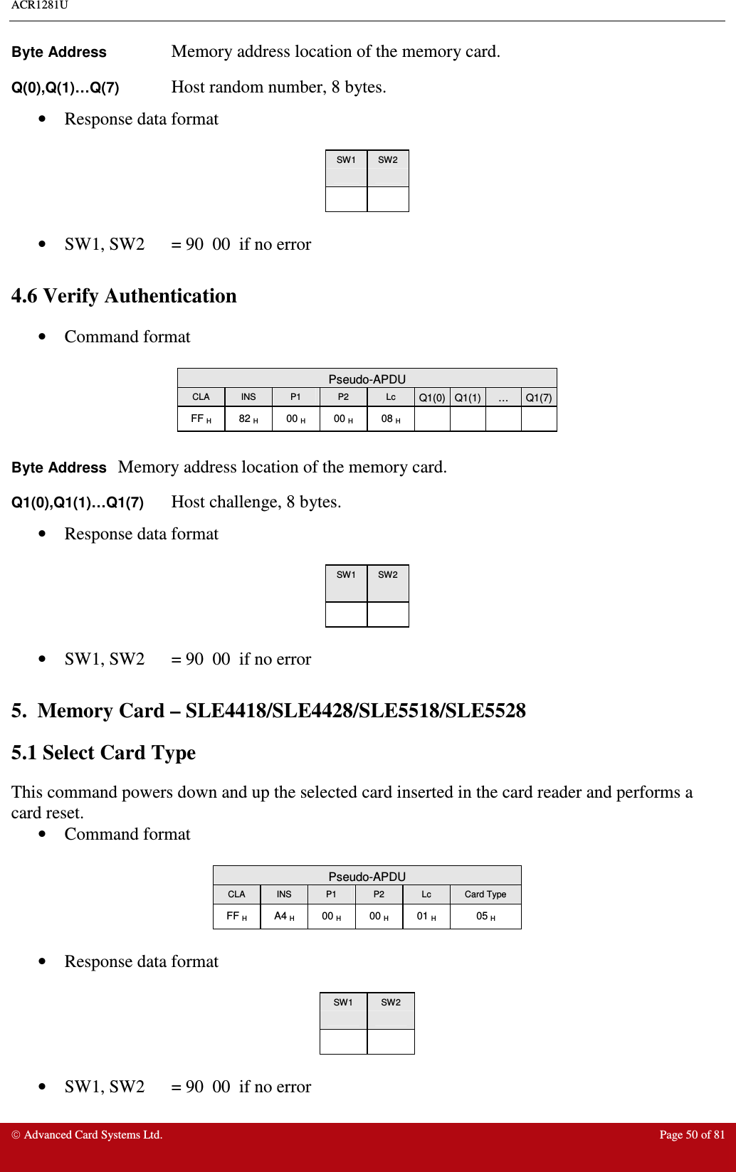 ACR1281U     Advanced Card Systems Ltd.  Page 50 of 81 Byte Address    Memory address location of the memory card. Q(0),Q(1)…Q(7) Host random number, 8 bytes. •  Response data format  SW1  SW2        •  SW1, SW2  = 90  00  if no error  4.6 Verify Authentication •  Command format   Pseudo-APDU CLA  INS  P1  P2  Lc  Q1(0) Q1(1) … Q1(7) FF H  82 H  00 H  00 H  08 H      Byte Address Memory address location of the memory card. Q1(0),Q1(1)…Q1(7) Host challenge, 8 bytes. •  Response data format   SW1  SW2        •  SW1, SW2  = 90  00  if no error  5.  Memory Card – SLE4418/SLE4428/SLE5518/SLE5528 5.1 Select Card Type This command powers down and up the selected card inserted in the card reader and performs a card reset. •  Command format   Pseudo-APDU CLA  INS  P1  P2  Lc  Card Type FF H  A4 H  00 H  00 H  01 H  05 H  •  Response data format   SW1  SW2        •  SW1, SW2  = 90  00  if no error  