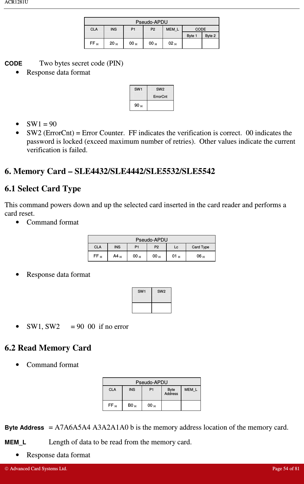 ACR1281U     Advanced Card Systems Ltd.  Page 54 of 81 Pseudo-APDU CODE CLA  INS  P1  P2  MEM_L Byte 1  Byte 2 FF H  20 H  00 H  00 H  02 H      CODE Two bytes secret code (PIN)     •  Response data format   SW1  SW2   ErrorCnt 90 H    •  SW1 = 90  •  SW2 (ErrorCnt) = Error Counter.  FF indicates the verification is correct.  00 indicates the password is locked (exceed maximum number of retries).  Other values indicate the current verification is failed.  6. Memory Card – SLE4432/SLE4442/SLE5532/SLE5542 6.1 Select Card Type This command powers down and up the selected card inserted in the card reader and performs a card reset. •  Command format   Pseudo-APDU CLA  INS  P1  P2  Lc  Card Type FF H  A4 H  00 H  00 H  01 H  06 H  •  Response data format   SW1  SW2        •  SW1, SW2  = 90  00  if no error  6.2 Read Memory Card •  Command format   Pseudo-APDU CLA  INS  P1  Byte Address MEM_L FF H  B0 H  00 H      Byte Address = A7A6A5A4 A3A2A1A0 b is the memory address location of the memory card. MEM_L   Length of data to be read from the memory card. •  Response data format  