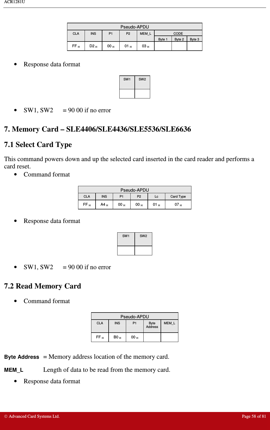 ACR1281U     Advanced Card Systems Ltd.  Page 58 of 81  Pseudo-APDU CODE CLA  INS  P1  P2  MEM_L Byte 1  Byte 2  Byte 3 FF H  D2 H  00 H  01 H  03 H        •  Response data format   SW1  SW2        •  SW1, SW2  = 90 00 if no error  7. Memory Card – SLE4406/SLE4436/SLE5536/SLE6636 7.1 Select Card Type This command powers down and up the selected card inserted in the card reader and performs a card reset. •  Command format   Pseudo-APDU CLA  INS  P1  P2  Lc  Card Type FF H  A4 H  00 H  00 H  01 H  07 H  •  Response data format   SW1  SW2        •  SW1, SW2  = 90 00 if no error  7.2 Read Memory Card •  Command format   Pseudo-APDU CLA  INS  P1  Byte Address MEM_L FF H  B0 H  00 H      Byte Address = Memory address location of the memory card. MEM_L    Length of data to be read from the memory card. •  Response data format   