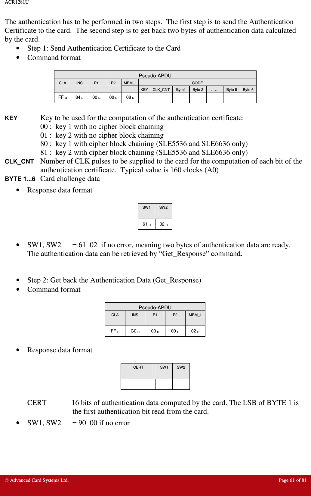 ACR1281U     Advanced Card Systems Ltd.  Page 61 of 81 The authentication has to be performed in two steps.  The first step is to send the Authentication Certificate to the card.  The second step is to get back two bytes of authentication data calculated by the card. •  Step 1: Send Authentication Certificate to the Card •  Command format   Pseudo-APDU MEM_L CODE CLA  INS  P1  P2   KEY CLK_CNT  Byte1  Byte 2  ……  Byte 5  Byte 6 FF H  84 H  00 H  00 H  08 H                KEY Key to be used for the computation of the authentication certificate: 00 :  key 1 with no cipher block chaining 01 :  key 2 with no cipher block chaining 80 :  key 1 with cipher block chaining (SLE5536 and SLE6636 only) 81 :  key 2 with cipher block chaining (SLE5536 and SLE6636 only) CLK_CNT Number of CLK pulses to be supplied to the card for the computation of each bit of the authentication certificate.  Typical value is 160 clocks (A0) BYTE 1...6 Card challenge data •  Response data format   SW1  SW2    61 H  02 H  •  SW1, SW2  = 61  02  if no error, meaning two bytes of authentication data are ready.  The authentication data can be retrieved by “Get_Response” command.   •  Step 2: Get back the Authentication Data (Get_Response) •  Command format   Pseudo-APDU CLA  INS  P1  P2  MEM_L FF H  C0 H  00 H  00 H  02 H  •  Response data format   CERT  SW1  SW2              CERT             16 bits of authentication data computed by the card. The LSB of BYTE 1 is the first authentication bit read from the card. •  SW1, SW2  = 90  00 if no error  