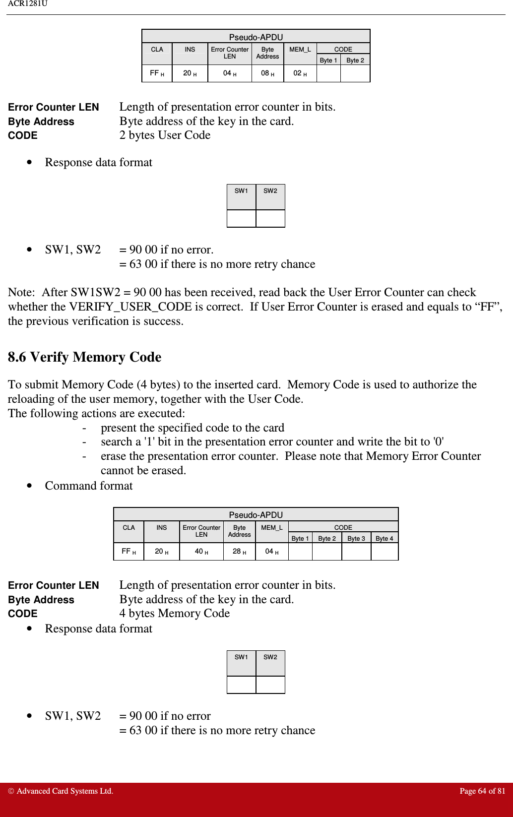 ACR1281U     Advanced Card Systems Ltd.  Page 64 of 81 Pseudo-APDU CODE CLA  INS  Error Counter LEN Byte Address  MEM_L Byte 1 Byte 2 FF H  20 H  04 H  08 H  02 H      Error Counter LEN  Length of presentation error counter in bits.   Byte Address    Byte address of the key in the card.   CODE 2 bytes User Code  •  Response data format  SW1  SW2        •  SW1, SW2  = 90 00 if no error.   = 63 00 if there is no more retry chance  Note:  After SW1SW2 = 90 00 has been received, read back the User Error Counter can check    whether the VERIFY_USER_CODE is correct.  If User Error Counter is erased and equals to “FF”, the previous verification is success.  8.6 Verify Memory Code To submit Memory Code (4 bytes) to the inserted card.  Memory Code is used to authorize the reloading of the user memory, together with the User Code. The following actions are executed: -  present the specified code to the card -  search a &apos;1&apos; bit in the presentation error counter and write the bit to &apos;0&apos; -  erase the presentation error counter.  Please note that Memory Error Counter cannot be erased. •  Command format   Pseudo-APDU CODE CLA  INS  Error Counter LEN Byte Address  MEM_L Byte 1 Byte 2  Byte 3  Byte 4 FF H  20 H  40 H  28 H  04 H          Error Counter LEN  Length of presentation error counter in bits.   Byte Address    Byte address of the key in the card.   CODE 4 bytes Memory Code •  Response data format   SW1  SW2        •  SW1, SW2  = 90 00 if no error = 63 00 if there is no more retry chance  