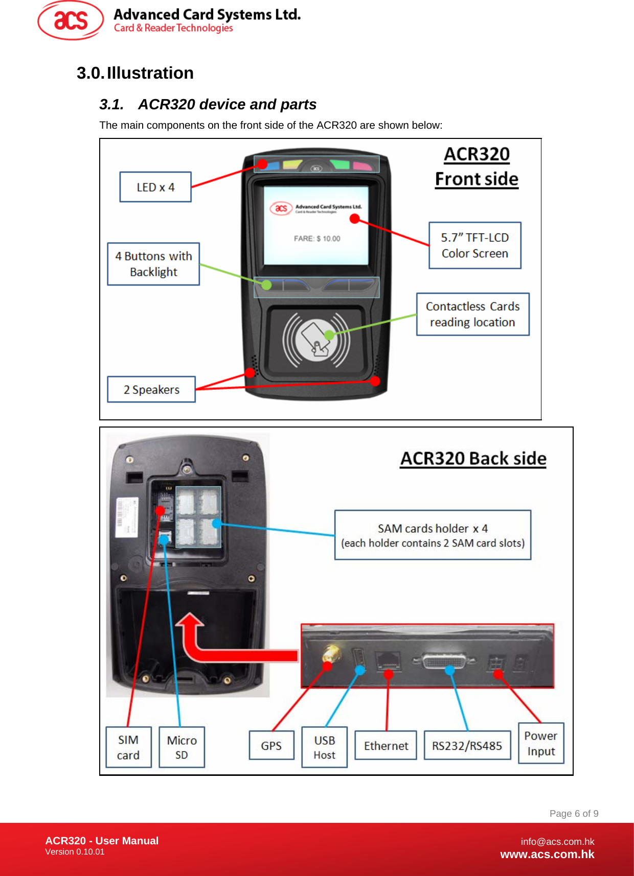 Document Title Here Document Title Here  Document Title Here ACR320 - User Manual Version 0.10.01   Page 6 of 9info@acs.com.hkwww.acs.com.hk3.0. Illustration 3.1.  ACR320 device and parts The main components on the front side of the ACR320 are shown below:   