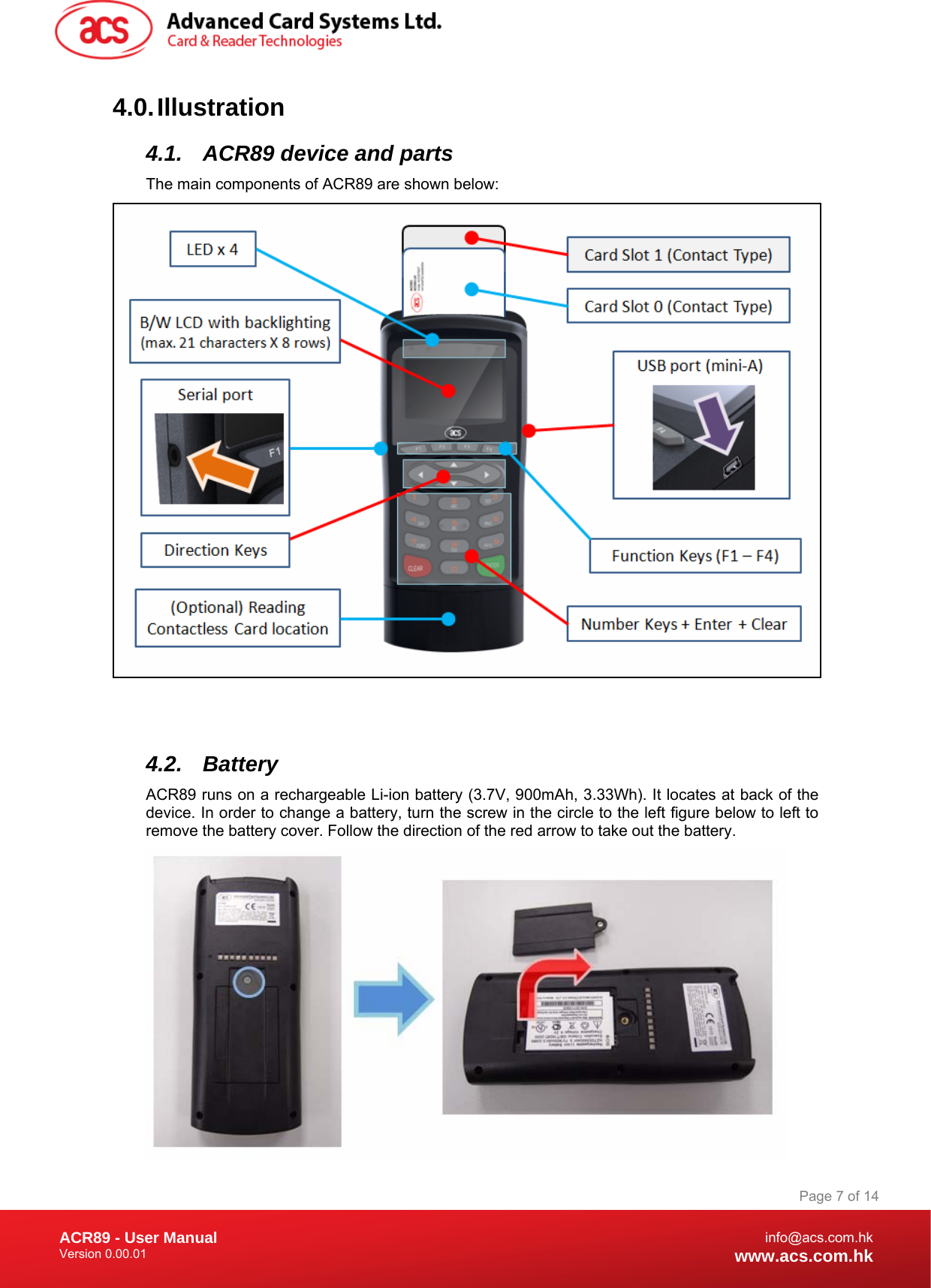 Document Title Here Document Title Here  Document Title Here ACR89 - User Manual Version 0.00.01   Page 7 of 14info@acs.com.hkwww.acs.com.hk4.0. Illustration 4.1.  ACR89 device and parts The main components of ACR89 are shown below:    4.2. Battery ACR89 runs on a rechargeable Li-ion battery (3.7V, 900mAh, 3.33Wh). It locates at back of the device. In order to change a battery, turn the screw in the circle to the left figure below to left to remove the battery cover. Follow the direction of the red arrow to take out the battery.   